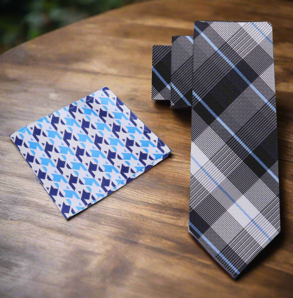 Alt Grey, Blue Plaid Tie and Accenting Square