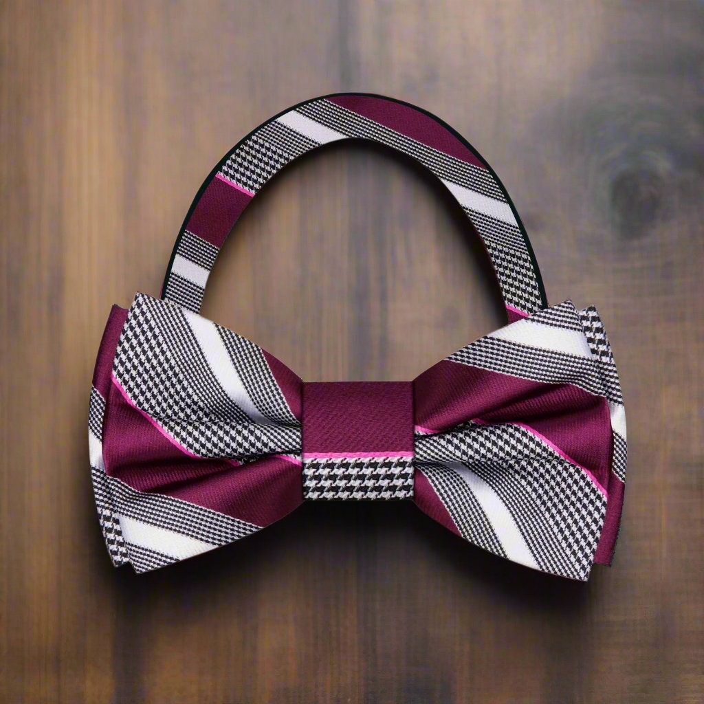 Plum, Grey, White Stripe Bow Tie Pre Tied