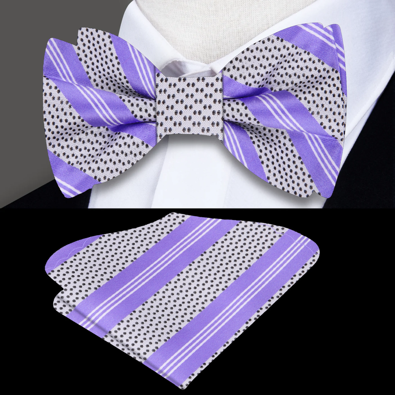 Light Purple, Grey, Black Stripes Bow Tie and Pocket Square||Light Purple