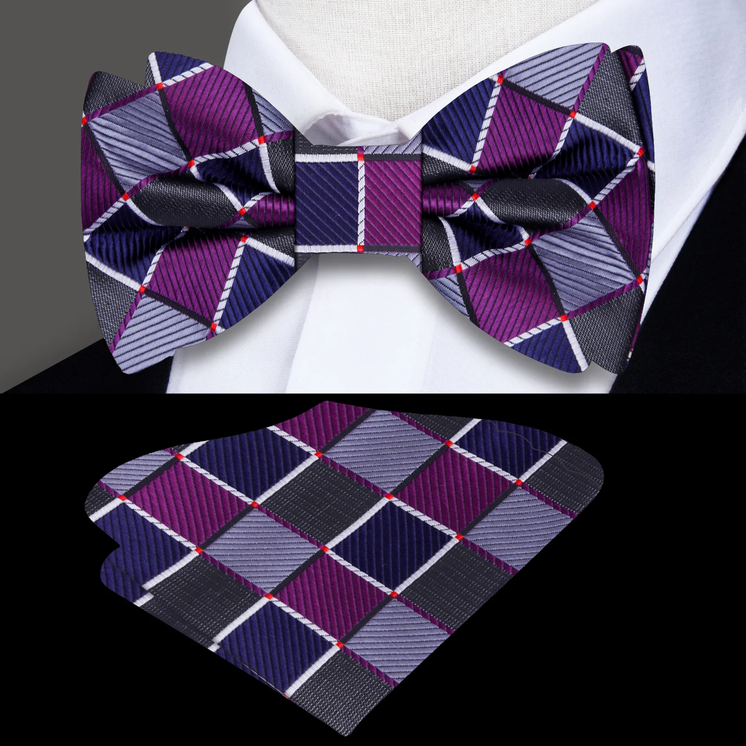 Purple, Grey, Blue Geometric Bow Tie and Square