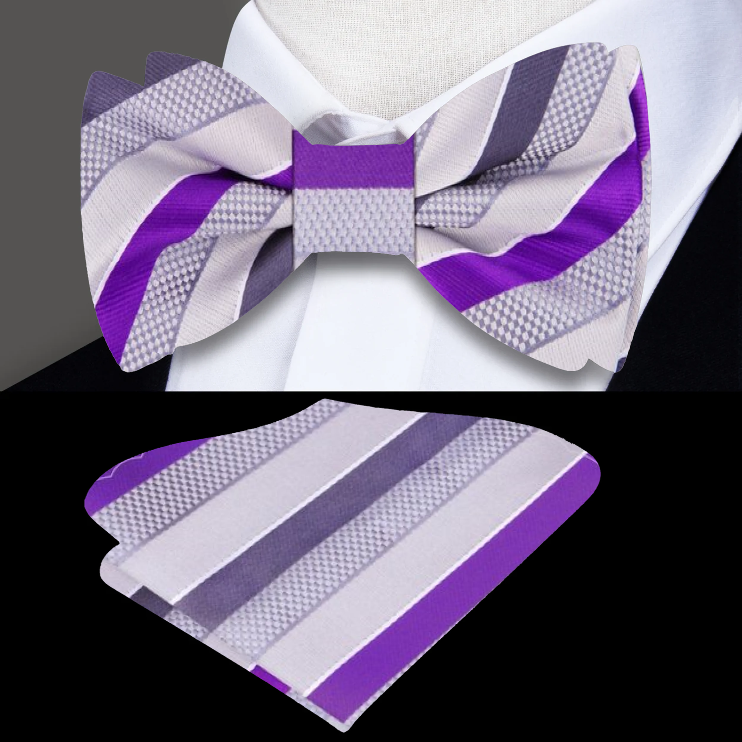 Light Grey, Silver, Orbit Purple, Court Purple Stripe Bow Tie and Pocket Square||Purple