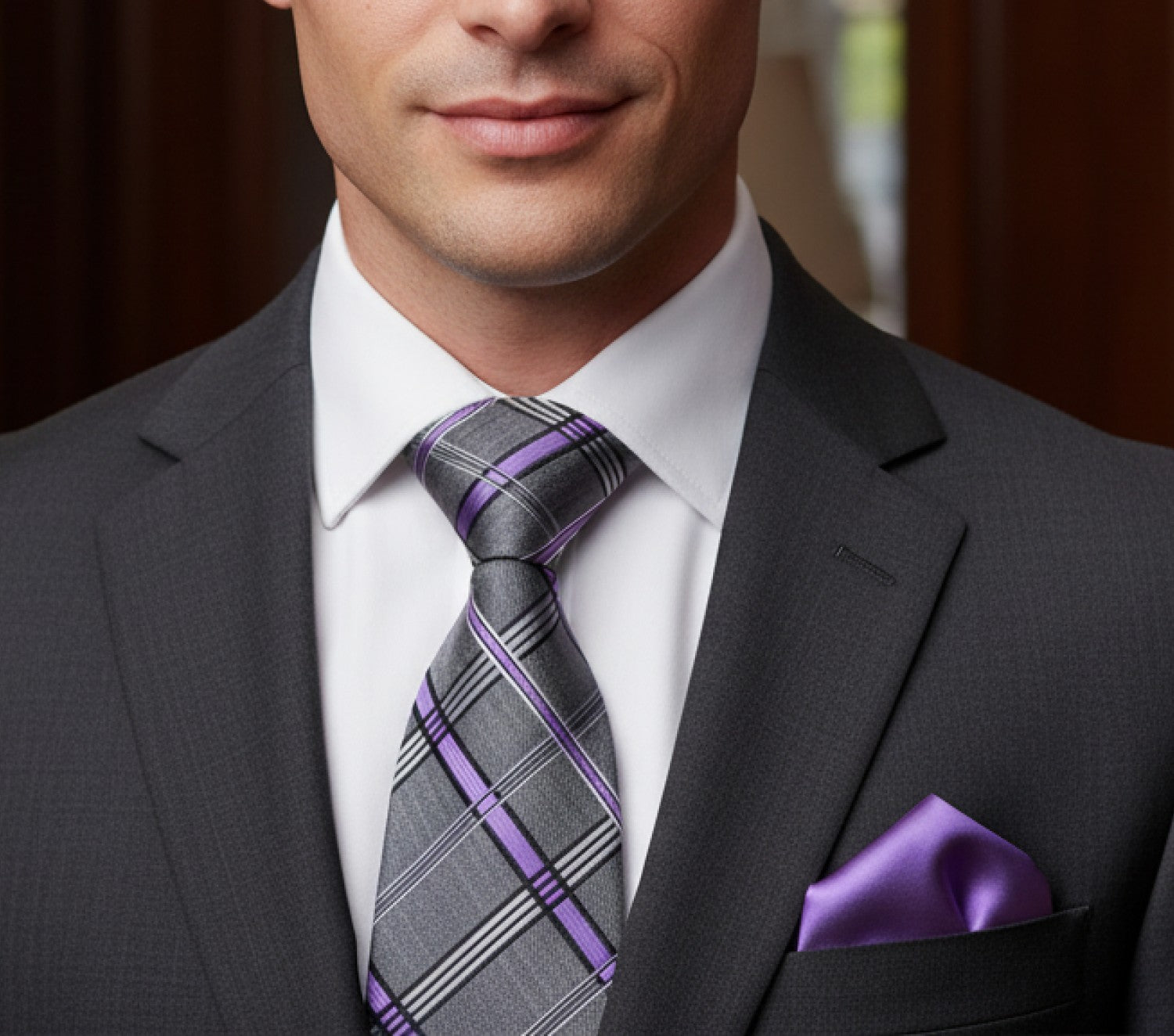 Man wearing a gray suit with a purple and gray plaid tie and matching pocket square.