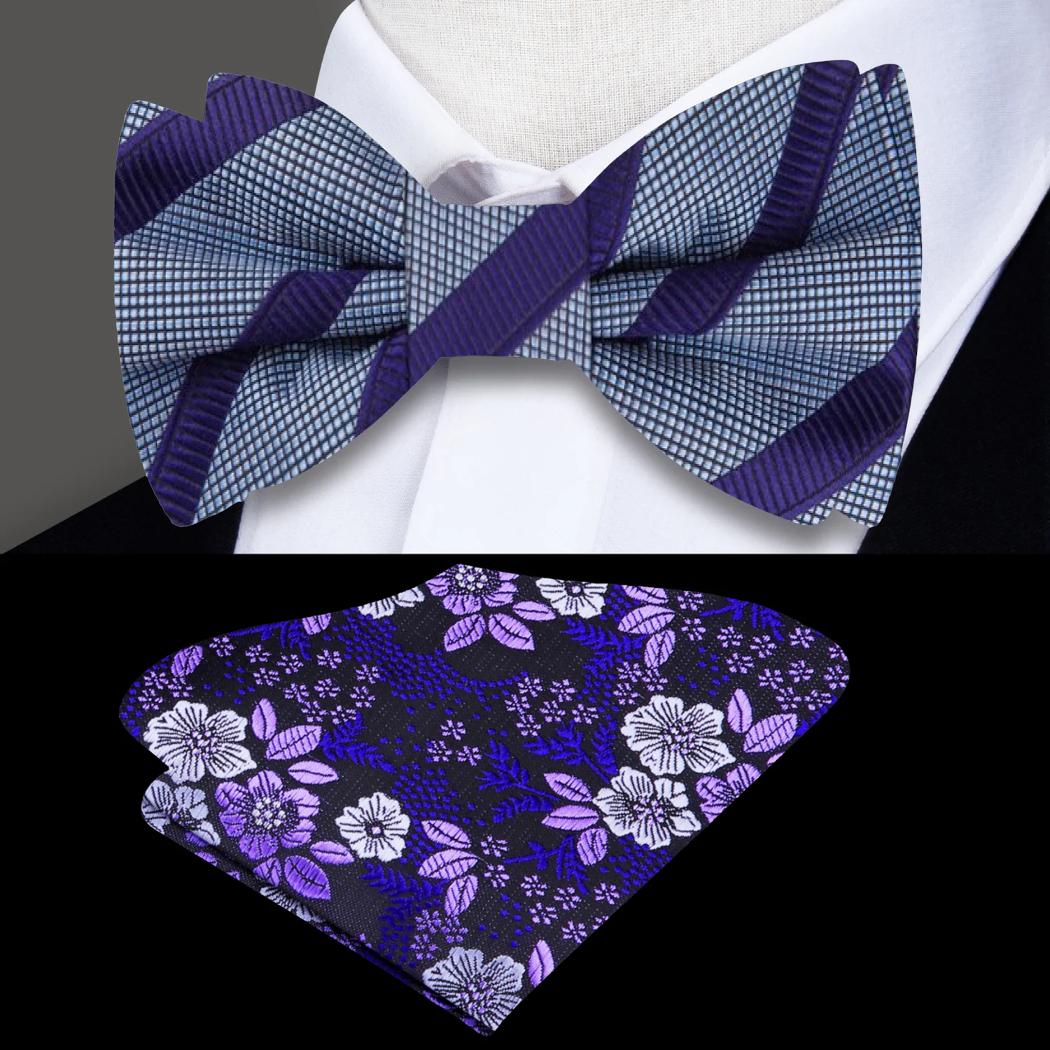 Purple, Steel Stripe Bow Tie and Floral Pocket Square