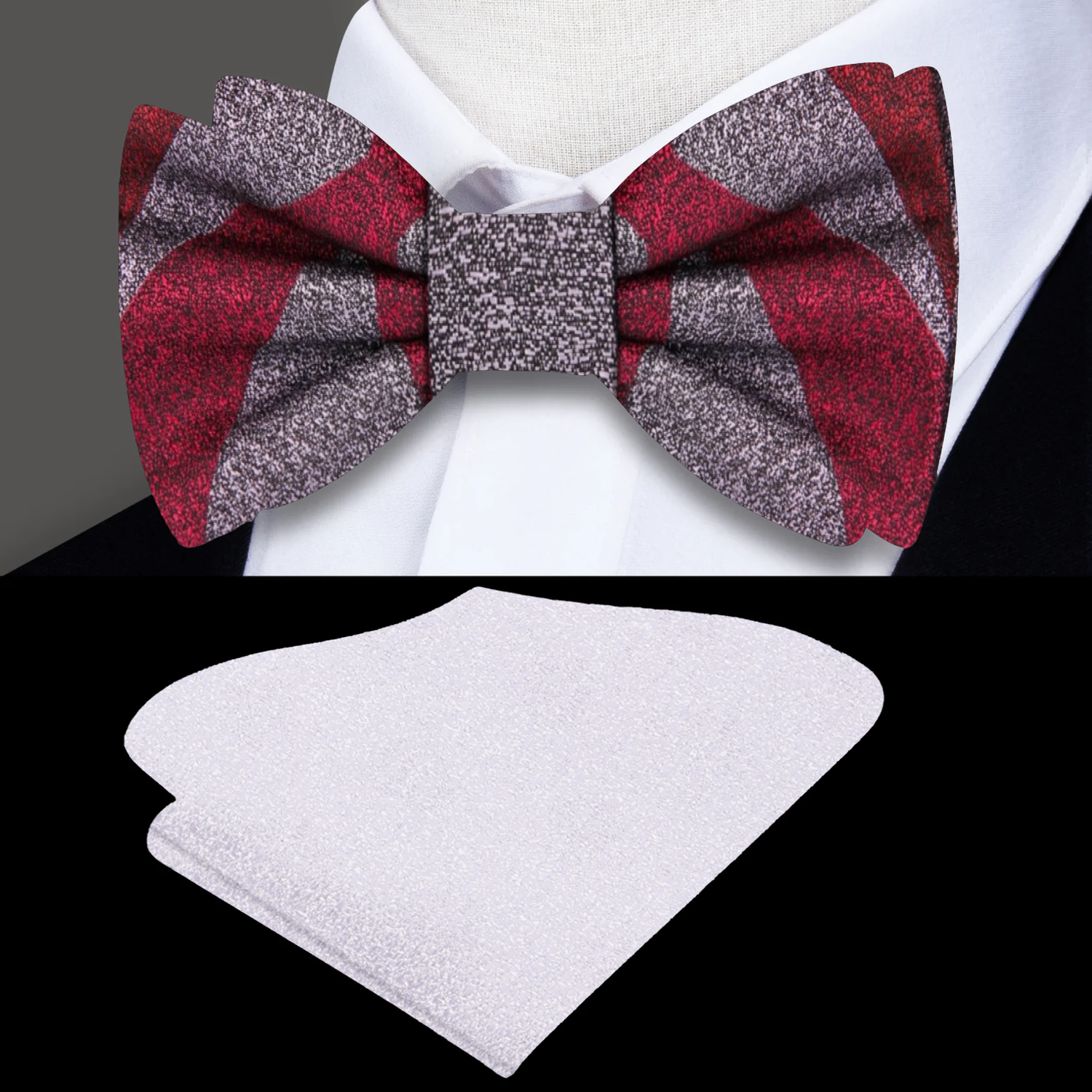 Red, Grey Abstract Bow Tie and Silver Square||Red