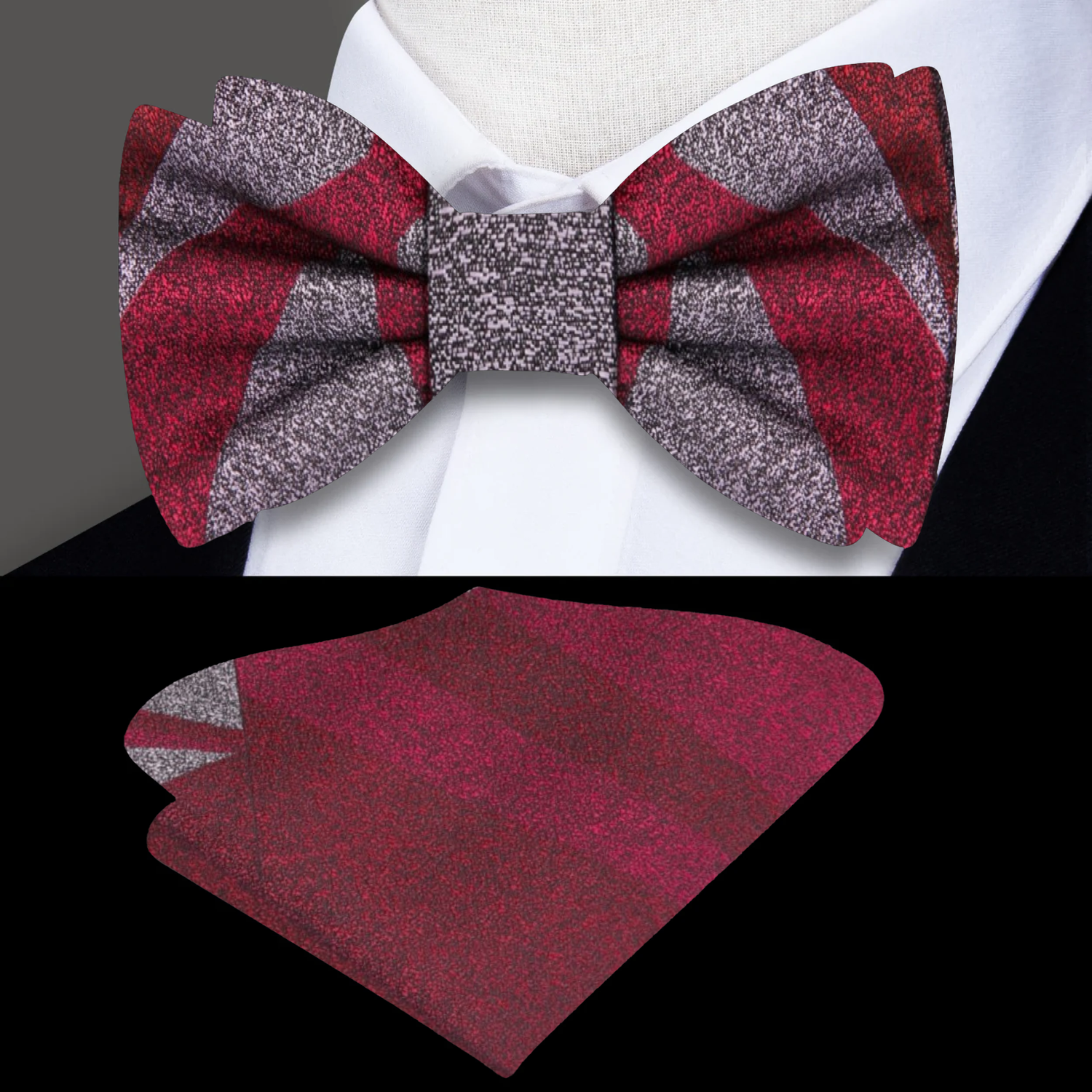 Grey Red Abstract Bow Tie and Square