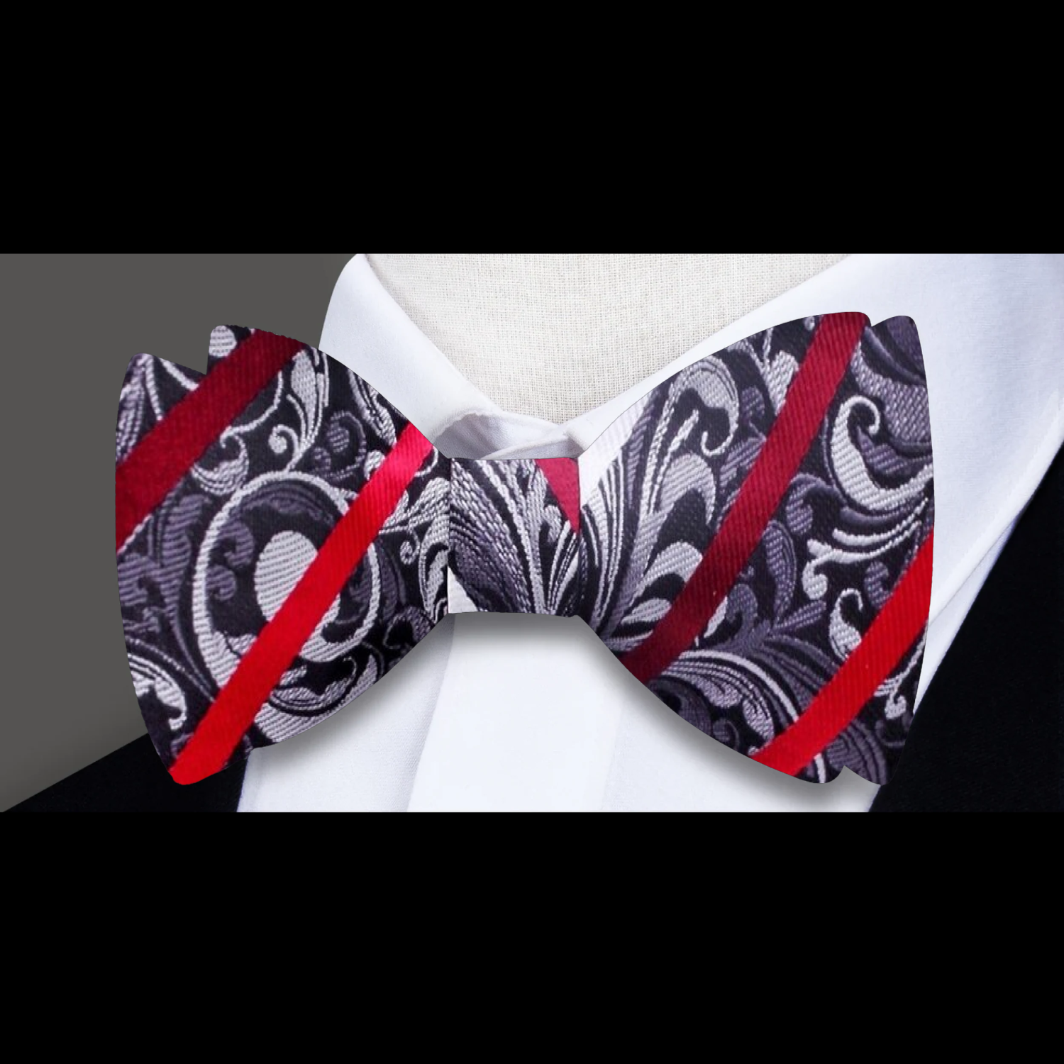 A Grey, Red Floral Pattern Silk Self Tie Bow Tie