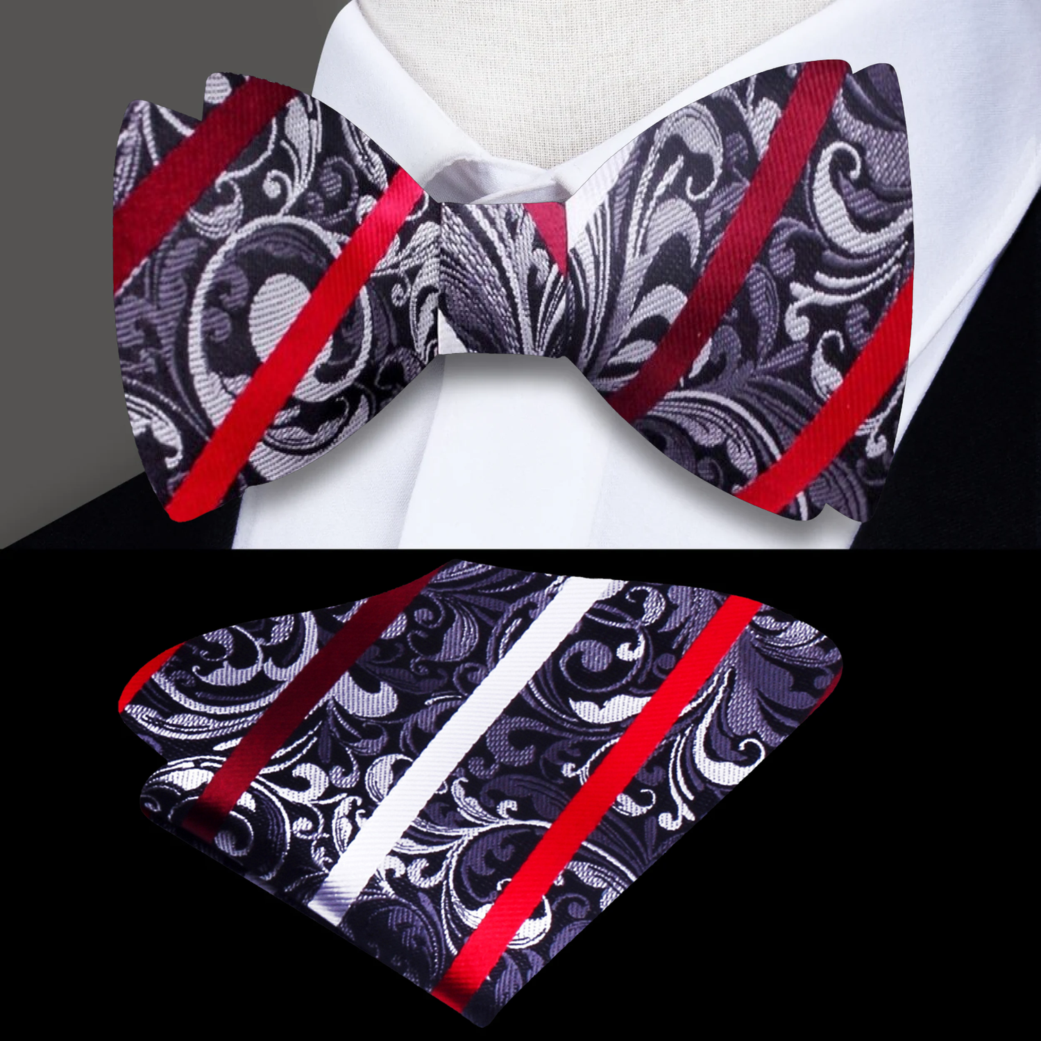 A Grey, Red Floral Pattern Silk Self Tie Bow Tie and Square
