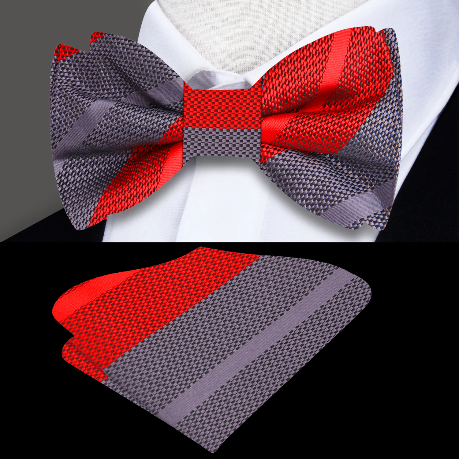 Red Grey Stripe Necktie and  Square