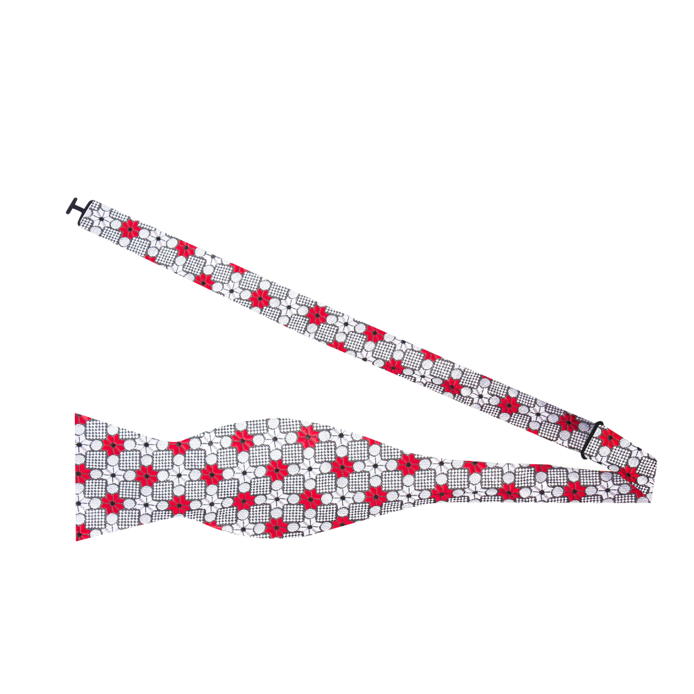 A Grey, Crimson, White Geometric with Floral Burst Pattern Silk Self Tie Bow Tie Self Tie