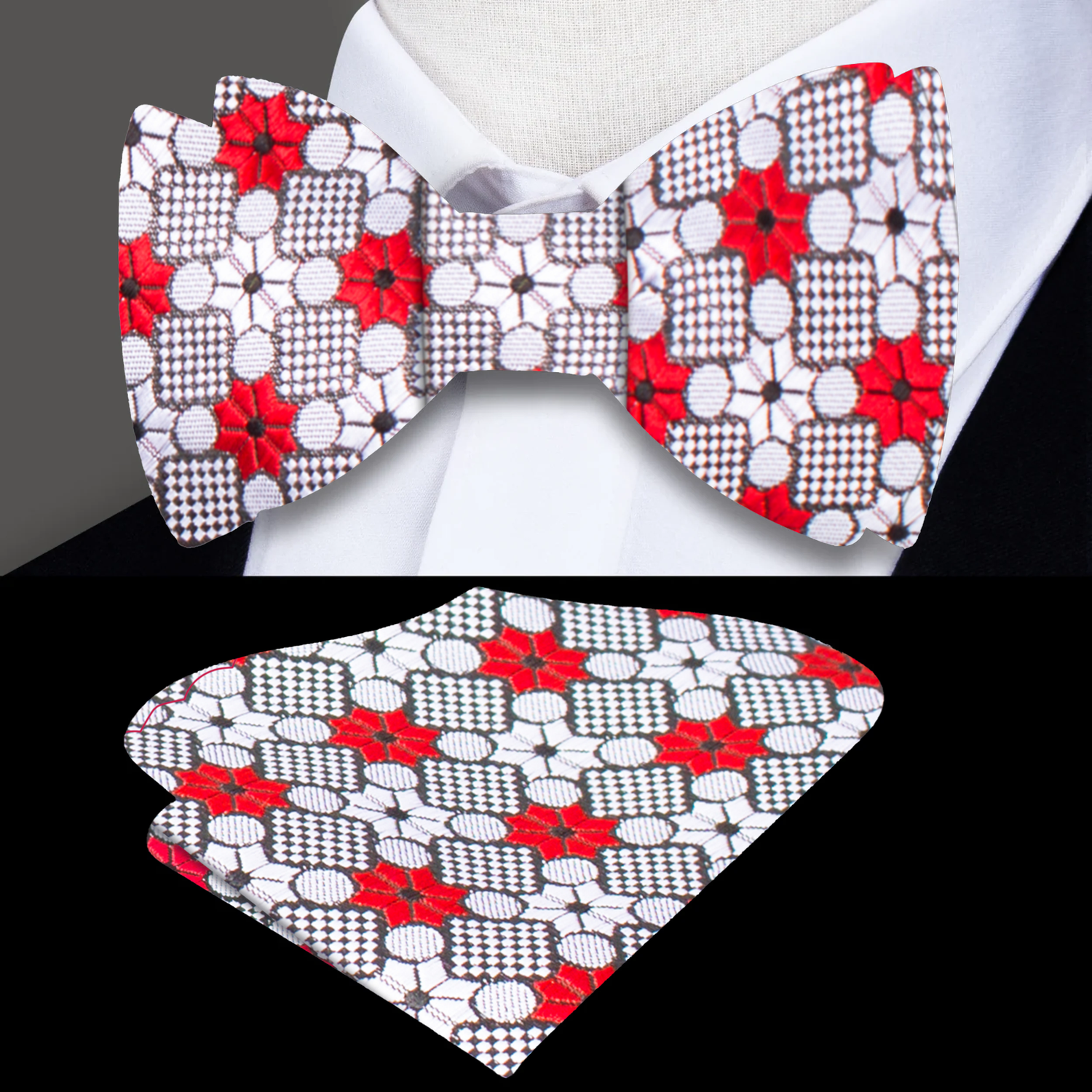 A Grey, Crimson, White Geometric with Floral Burst Pattern Silk Self Tie Bow Tie, Matching Pocket Square
