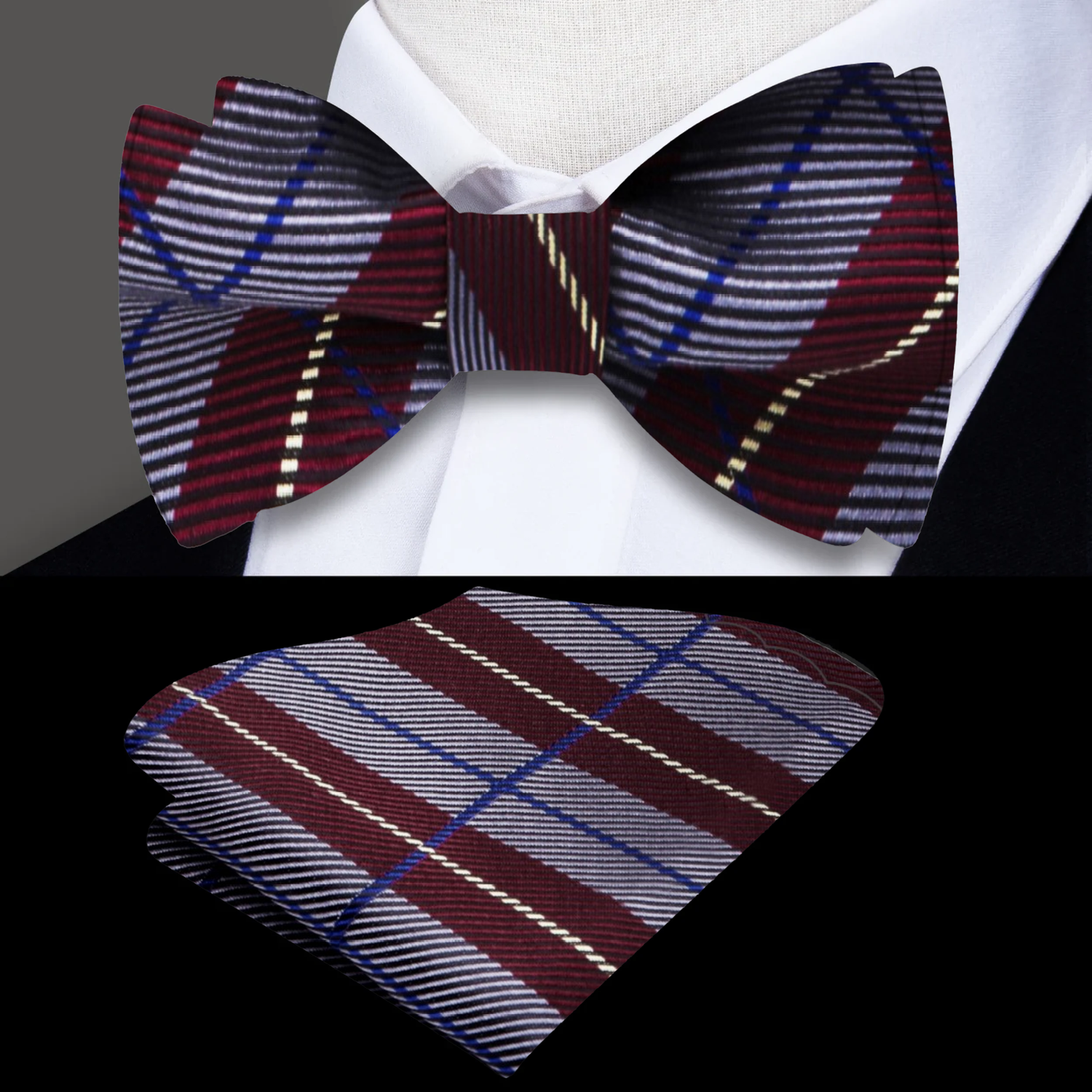 A Burgundy, Grey Plaid Pattern Silk Self Tie Bow Tie, Matching Pocket Square