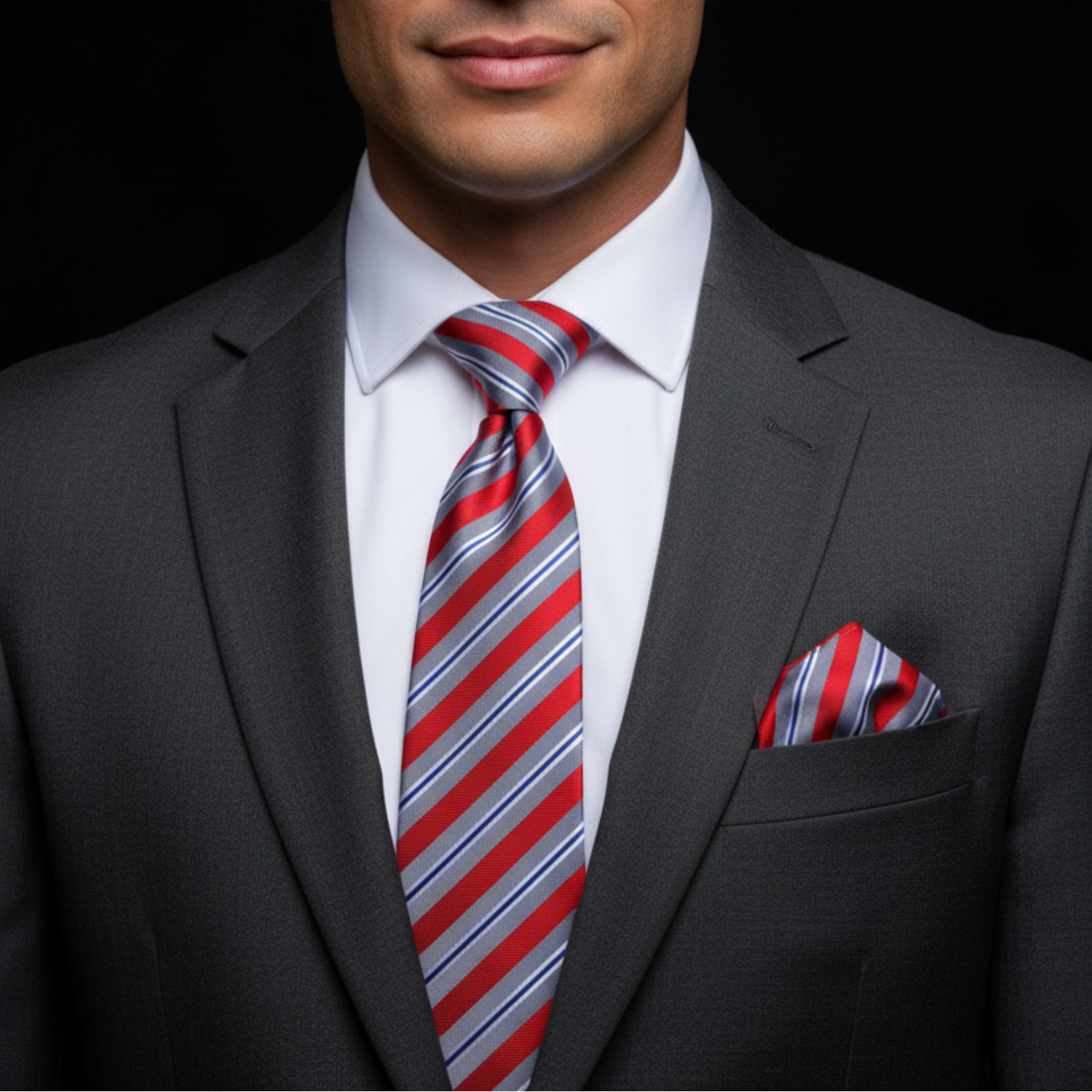 Man wearing grey and red striped tie and square on man