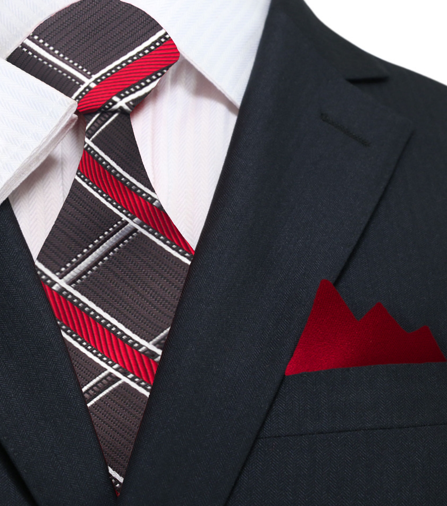 A Rich Charcoal With Red And Yellow Plaid Pattern Silk Necktie With Solid Red Pocket Square