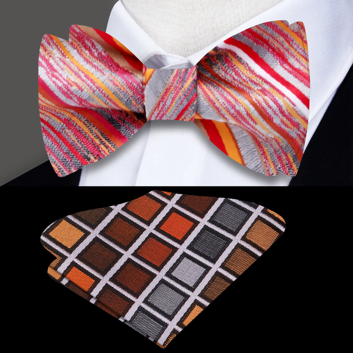 Grey Red Orange Solar Flare Bow Tie and Accenting Geometric Square