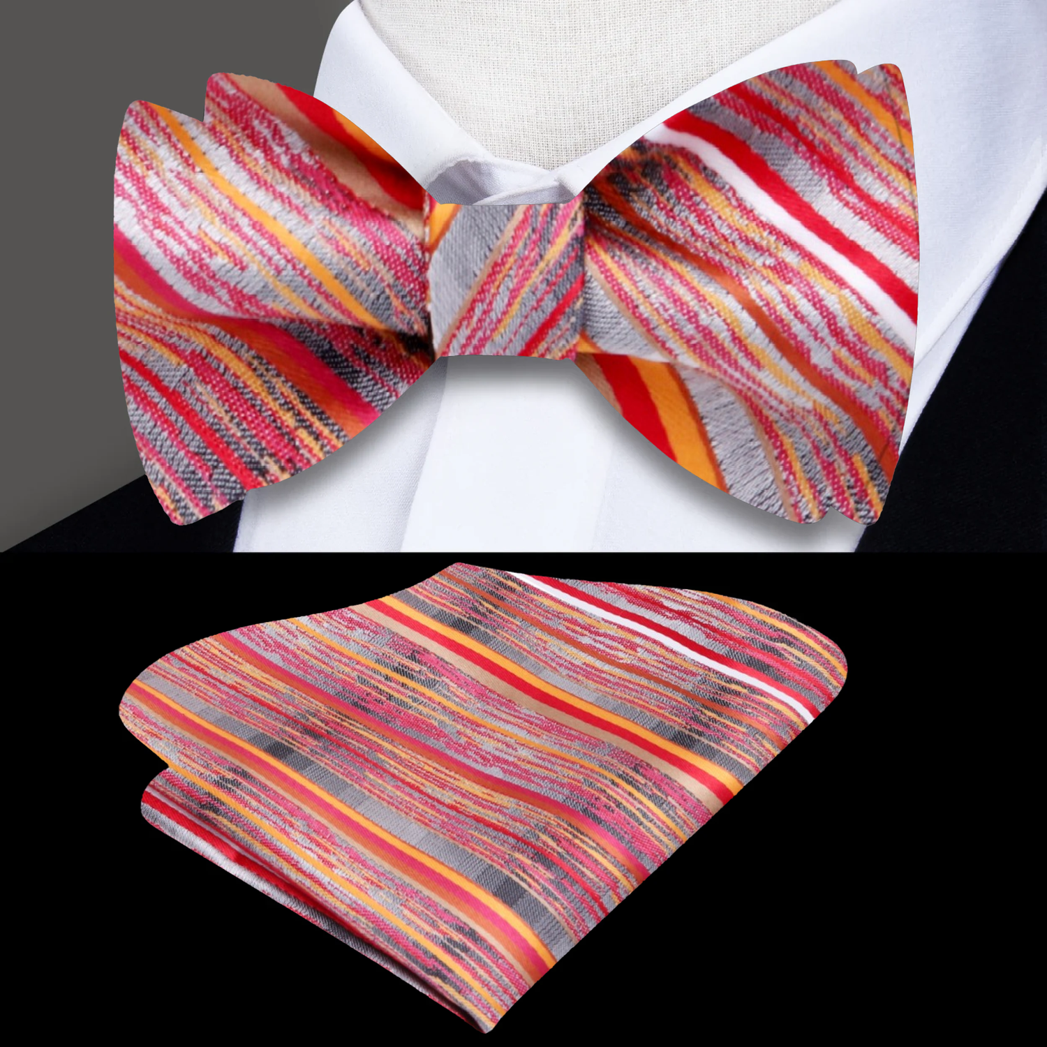 Grey Red Orange Solar Flare Bow Tie and Square