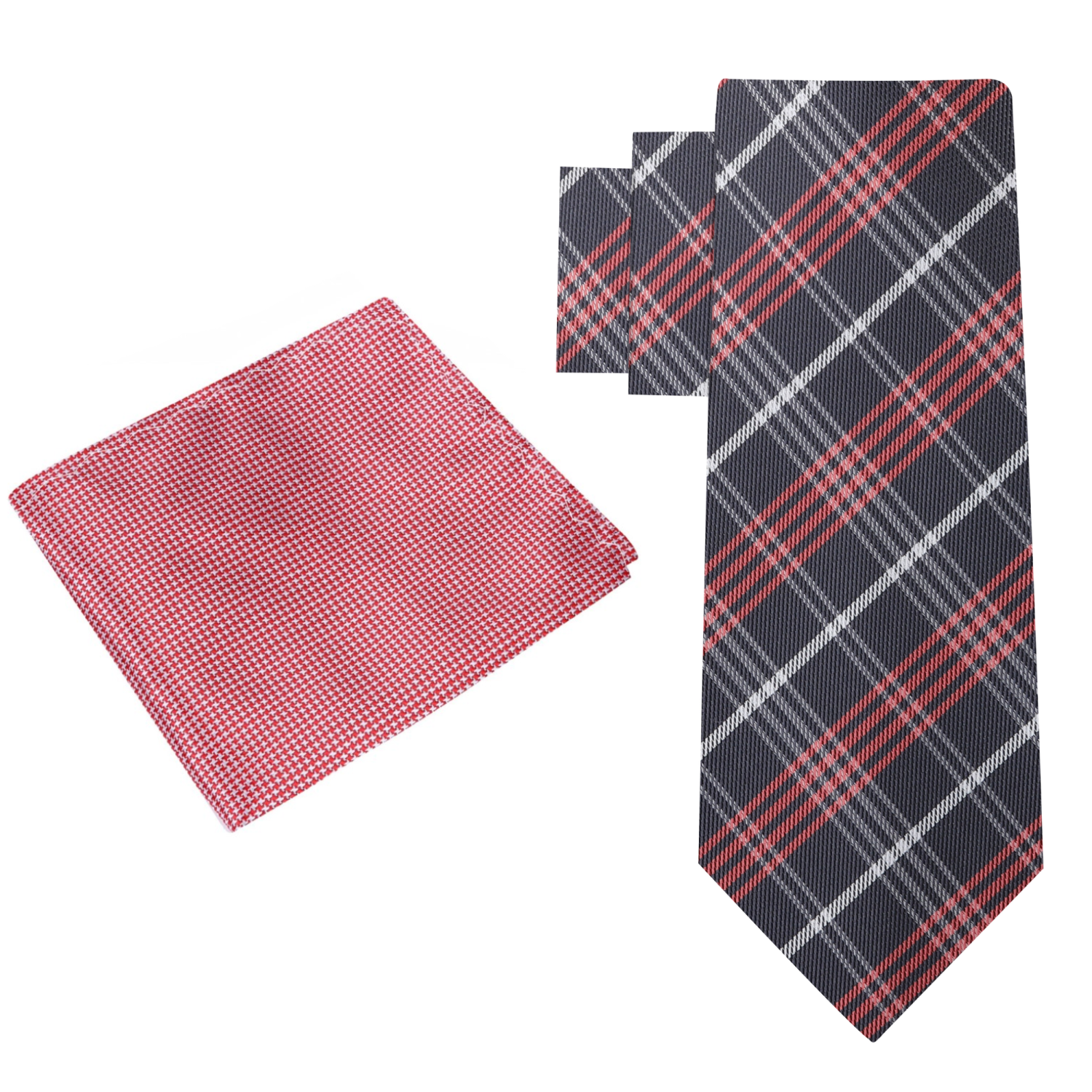 Alt view: Charcoal Grey, Red, White Plaid Necktie and Grey, Red Hounds Tooth Square