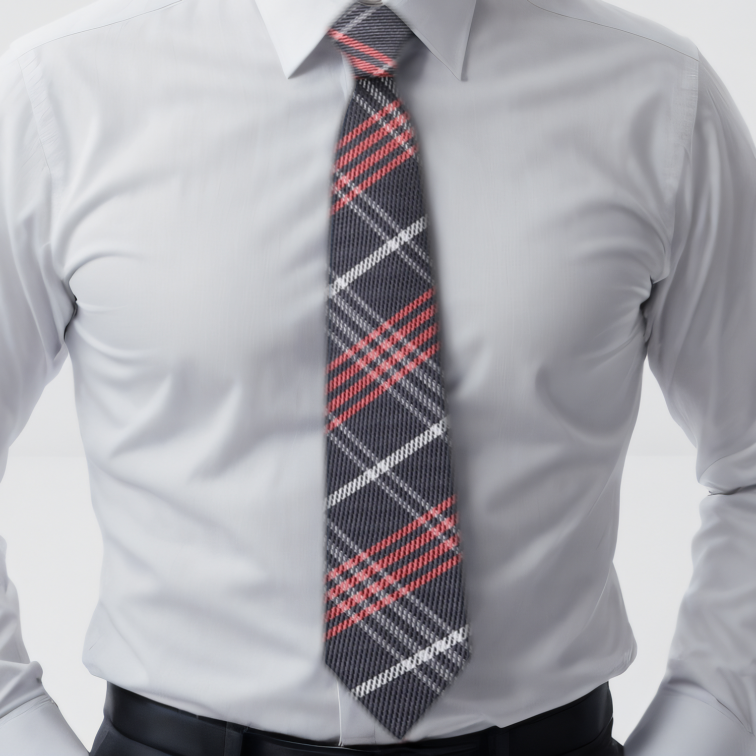 Charcoal Grey, Red, White Plaid Necktie on Man Wearing White Shirt