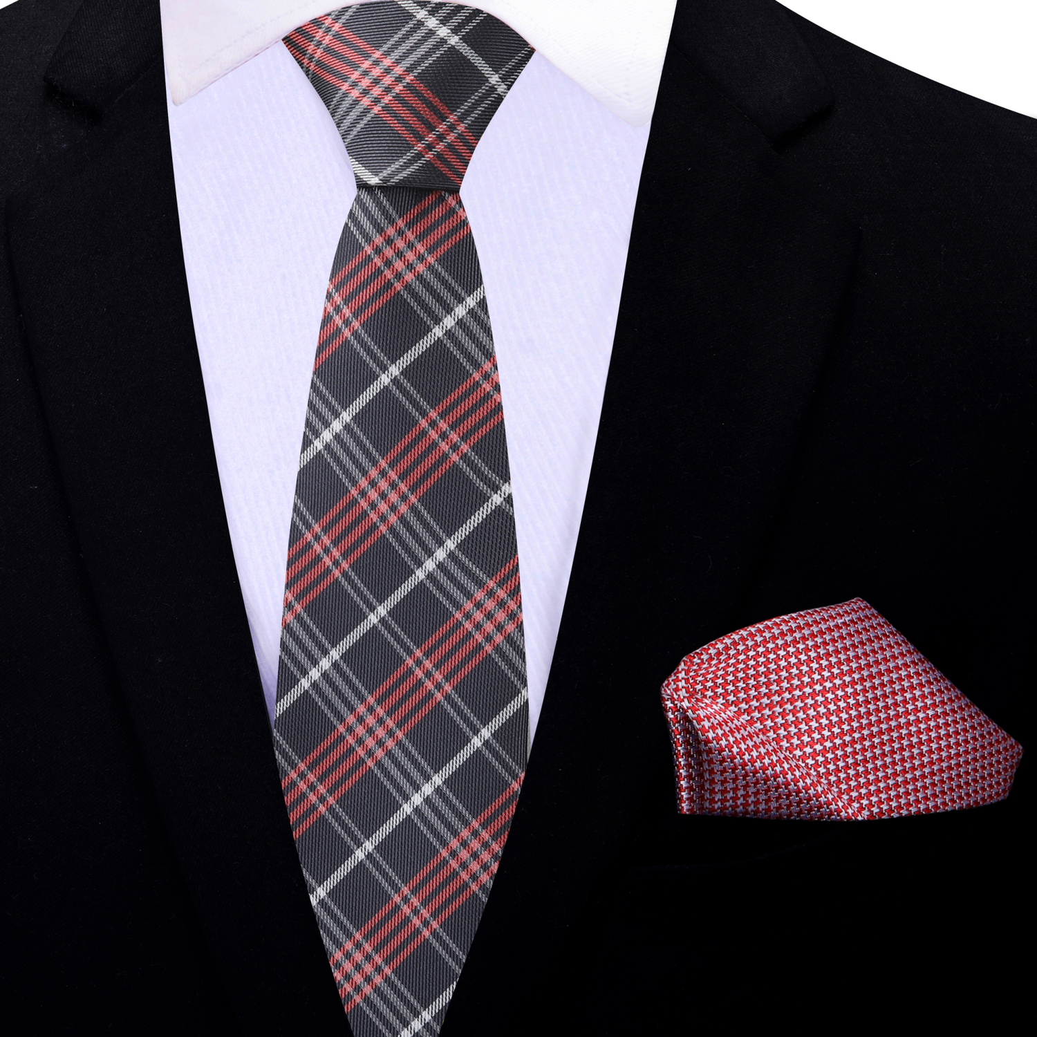 Thin: Charcoal Grey, Red, White Plaid Necktie and Grey, Red Hounds Tooth Square