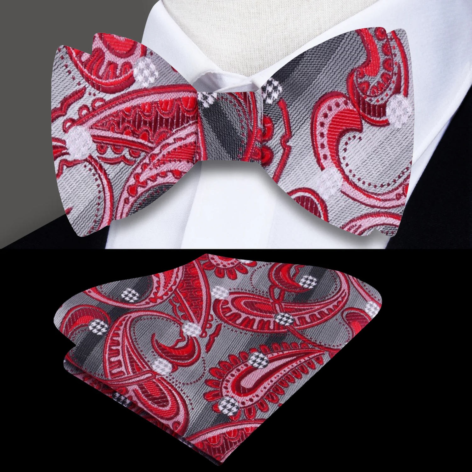 Grey, Red Paisley Bow Tie and  Pocket Square