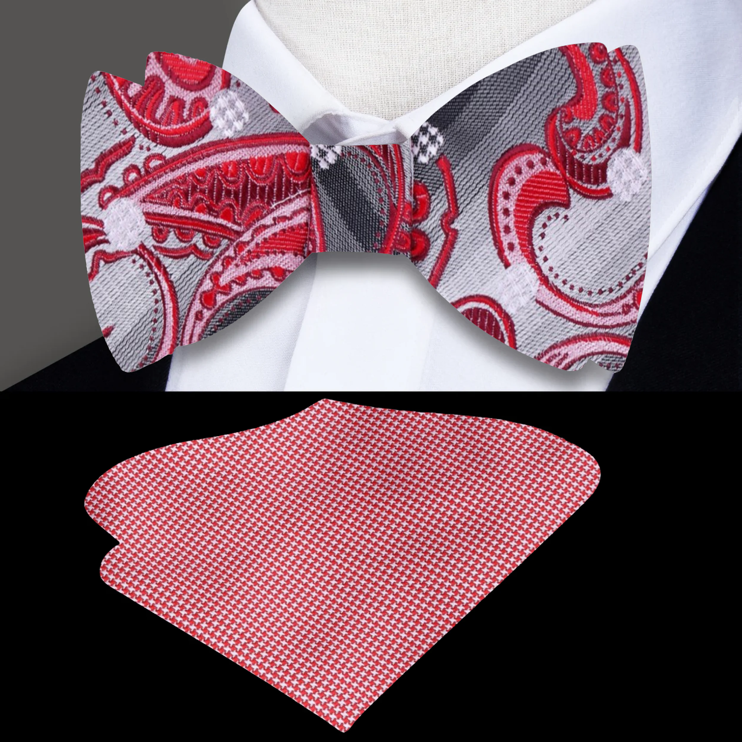 Grey, Red Paisley Bow Tie and Accenting Pocket Square