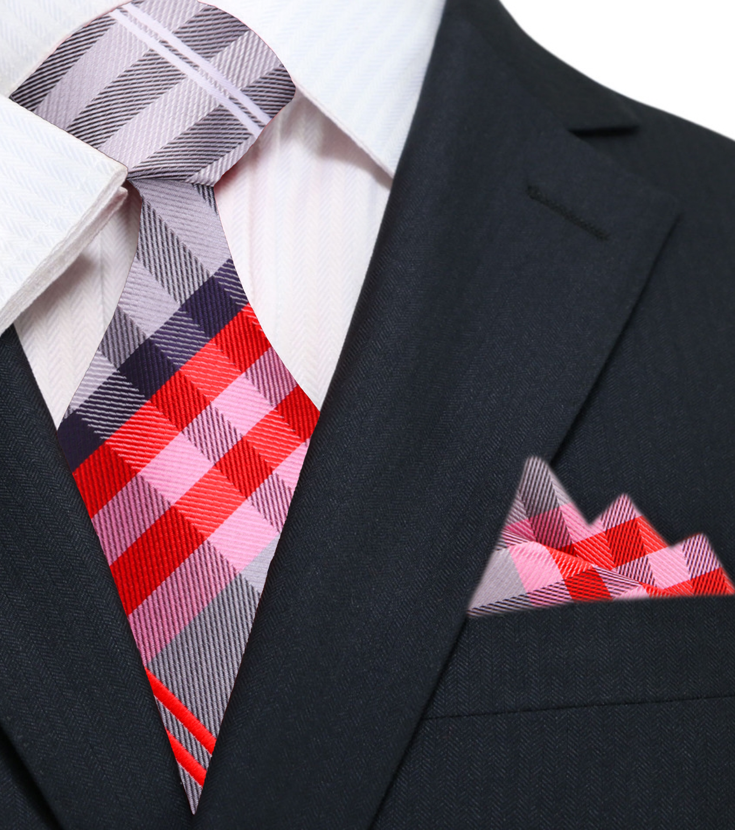 Main: Grey, Red, White Plaid Tie and Pocket Square||Red, Silver