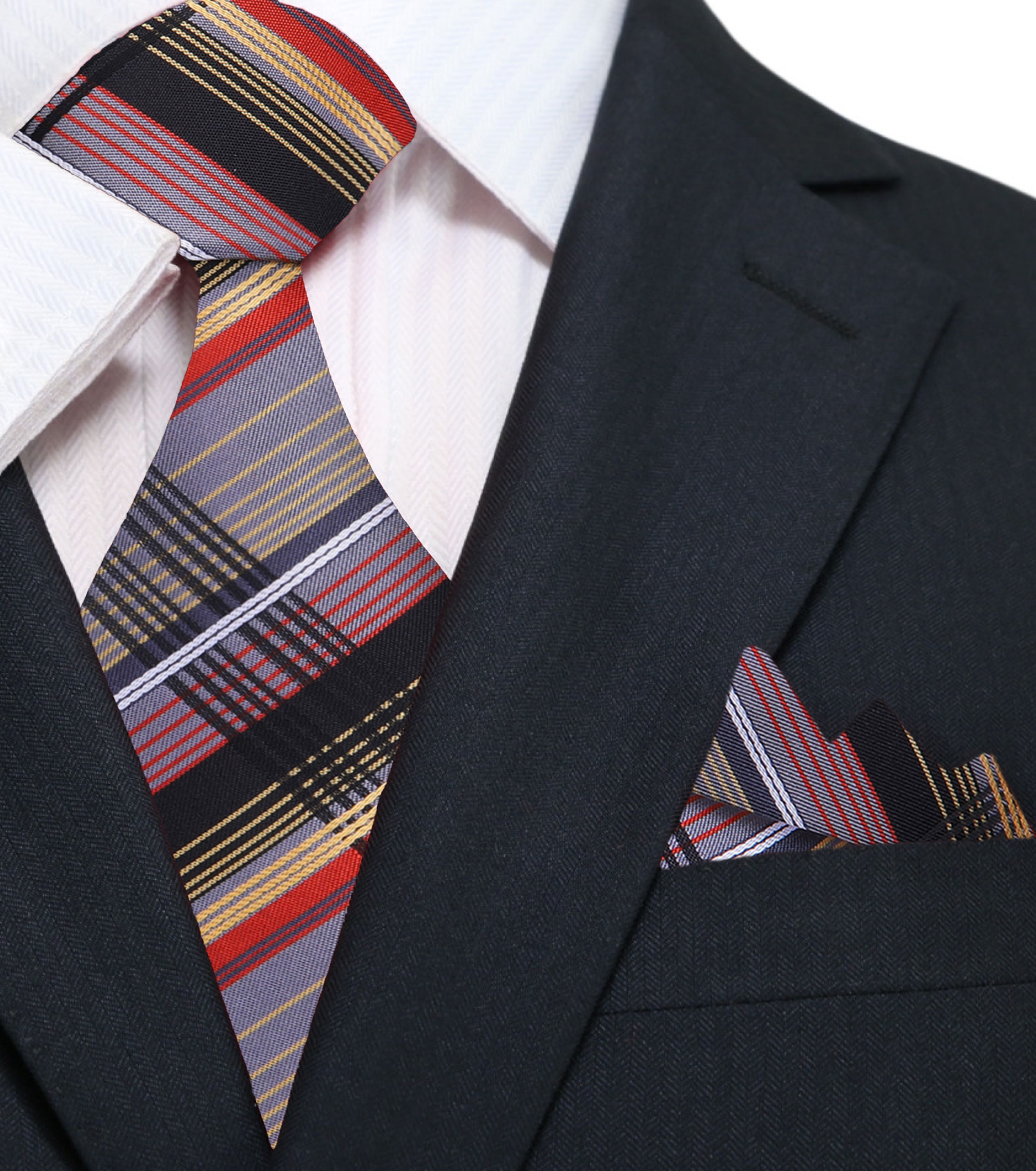 A Grey, Red, Yellow, Black Plaid Pattern Silk Necktie, Matching Pocket Square