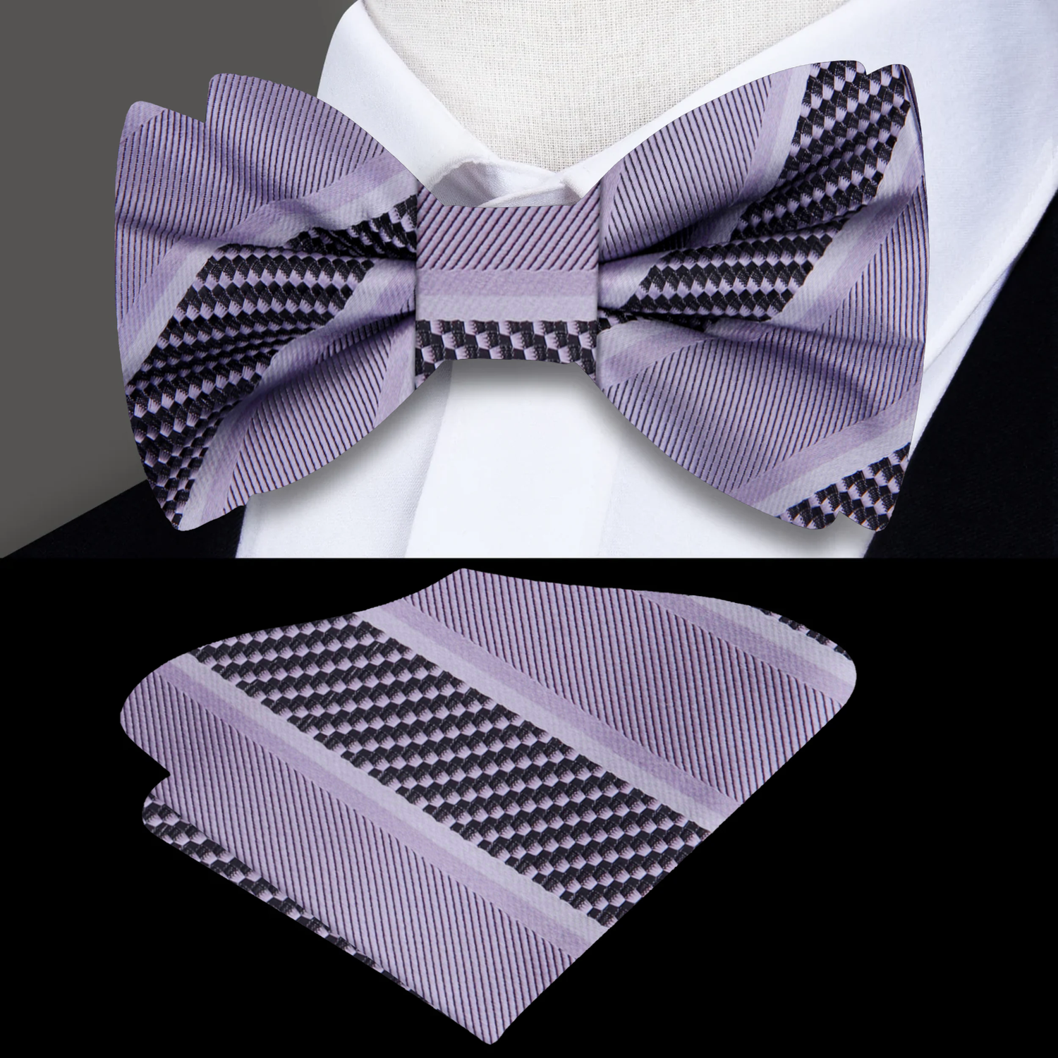 Grey, Silver Stripe Bow Tie and Pocket Square||Silver