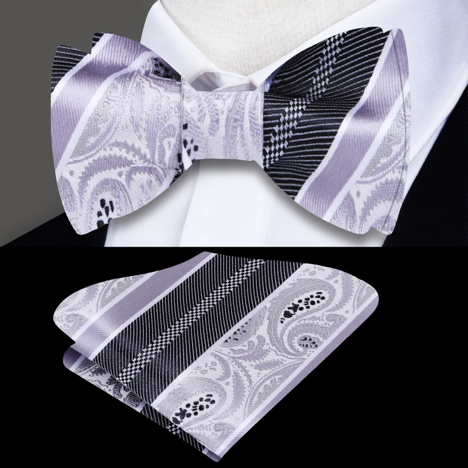 A Light Grey, Grey Stripe and Paisley Pattern Silk Self Tie Bow Tie, Matching Pocket Square