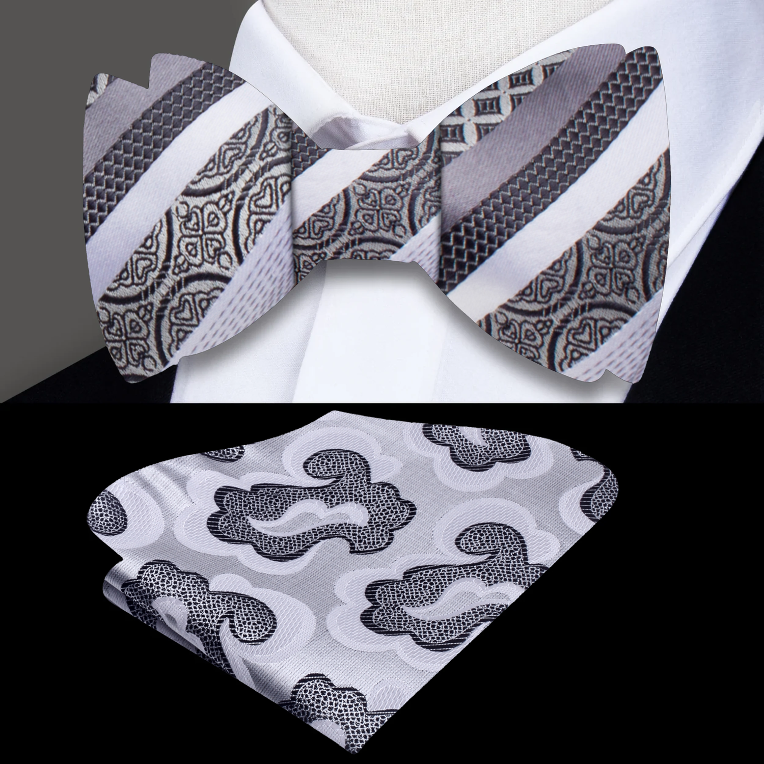 A Grey, Black Stripe Pattern Silk Self-Tie Bow Tie, Accenting Pocket Square