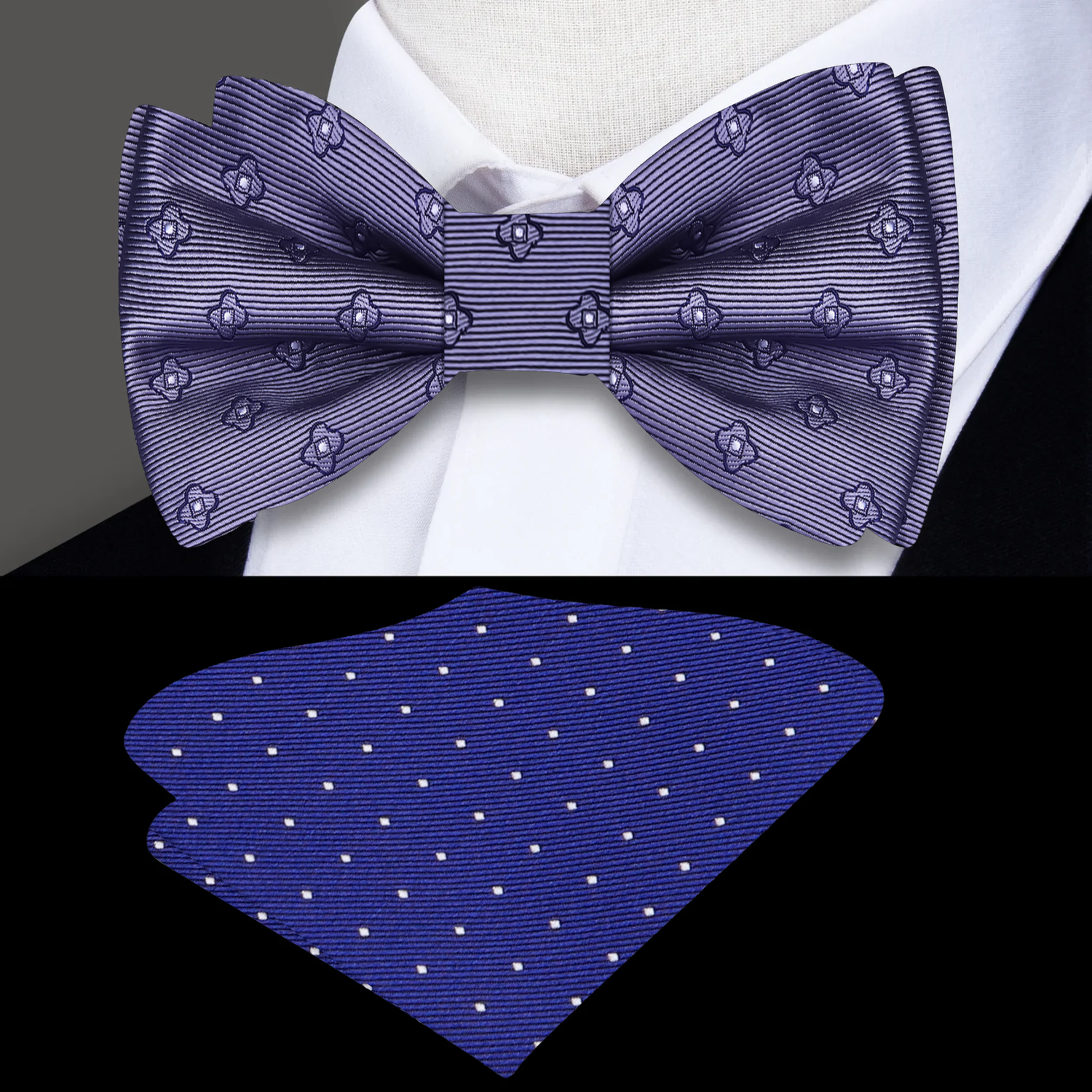 grey bow tie and matching pocket square on a white shirt with a gray background