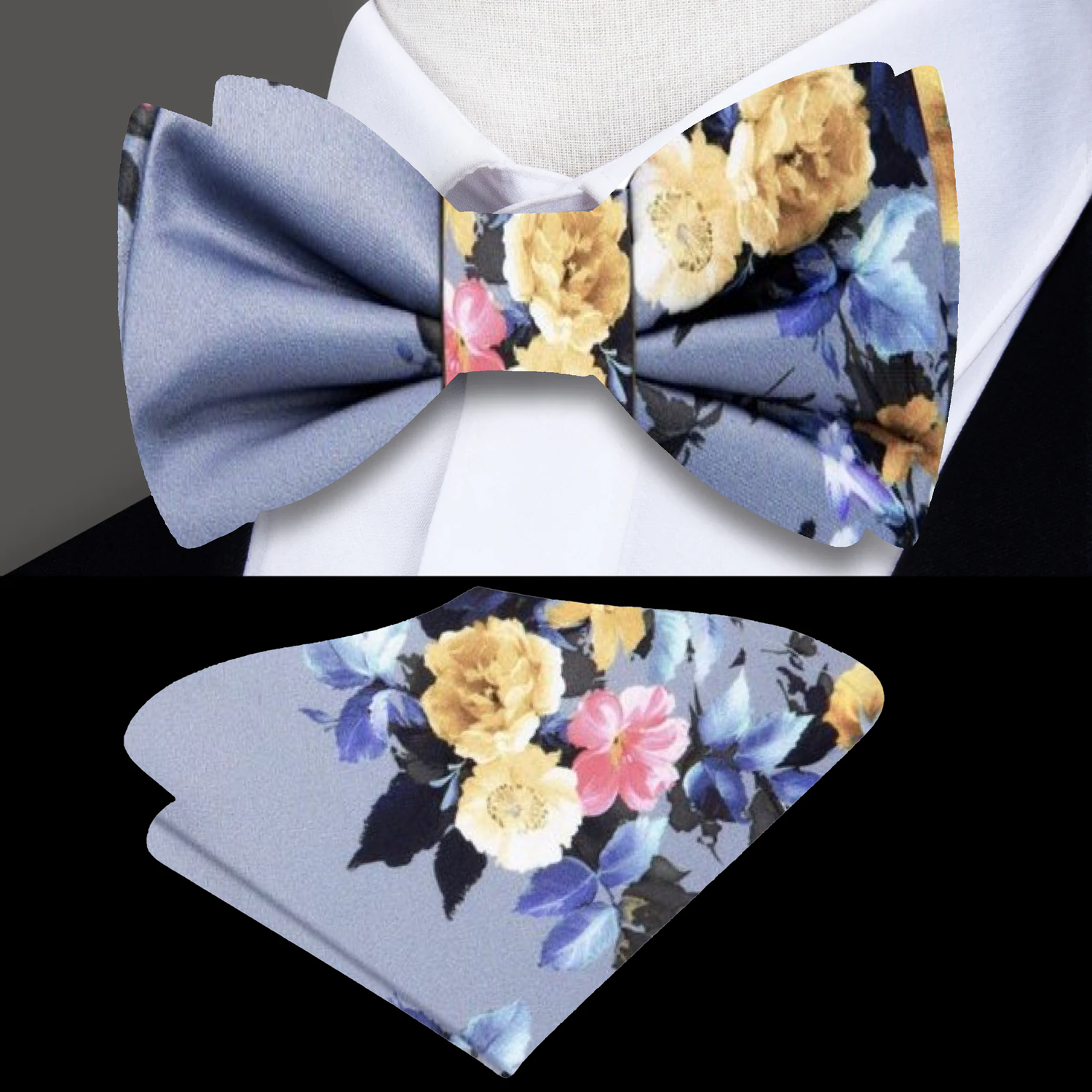 Main View: A Grey with Pink, Yellow Floral Pattern Silk Self Tie Bow Tie With Matching Pocket Square||Grey