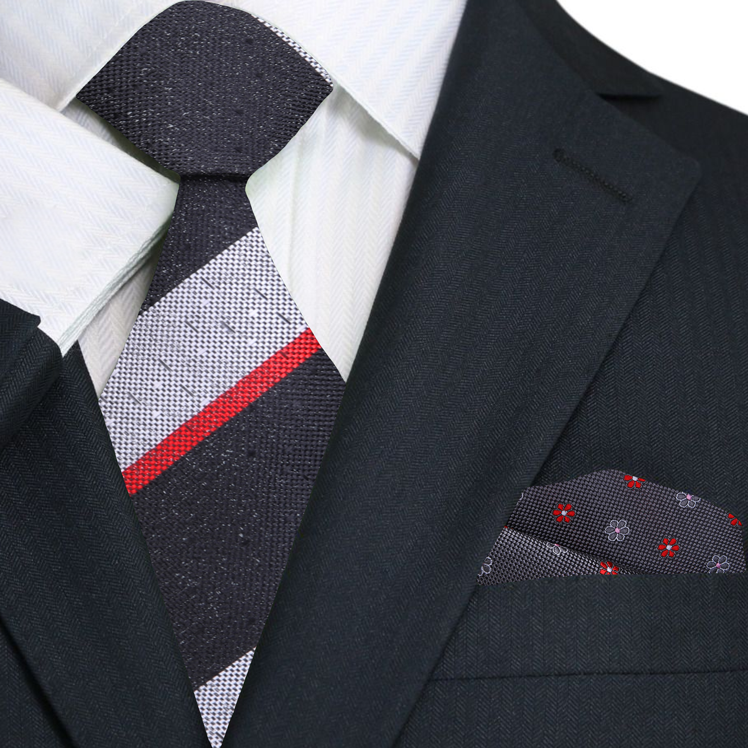 A Black, Grey, Red Stripe Pattern Necktie, Accenting Pocket Square