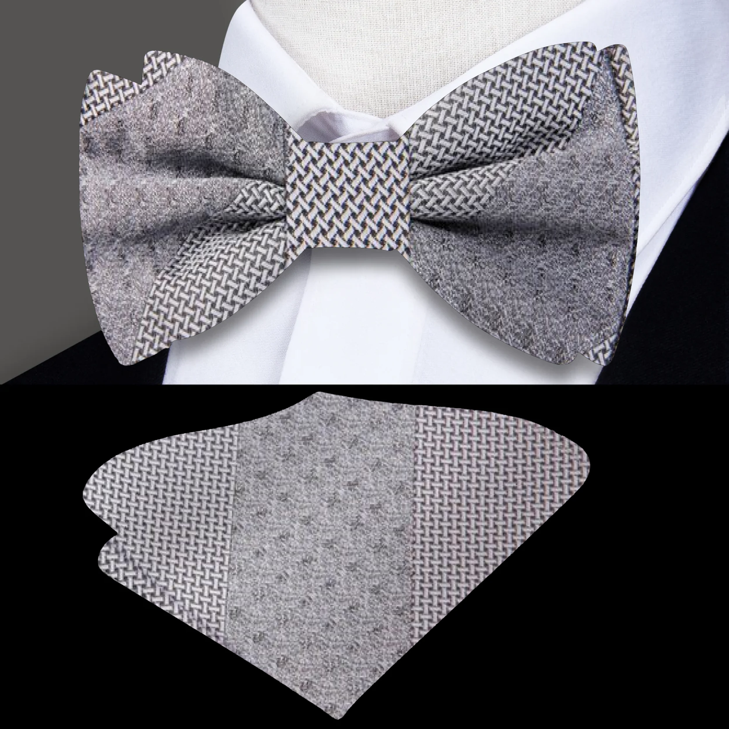 Rich Grey Geometric Bow Tie and Pocket Square||Rich Grey