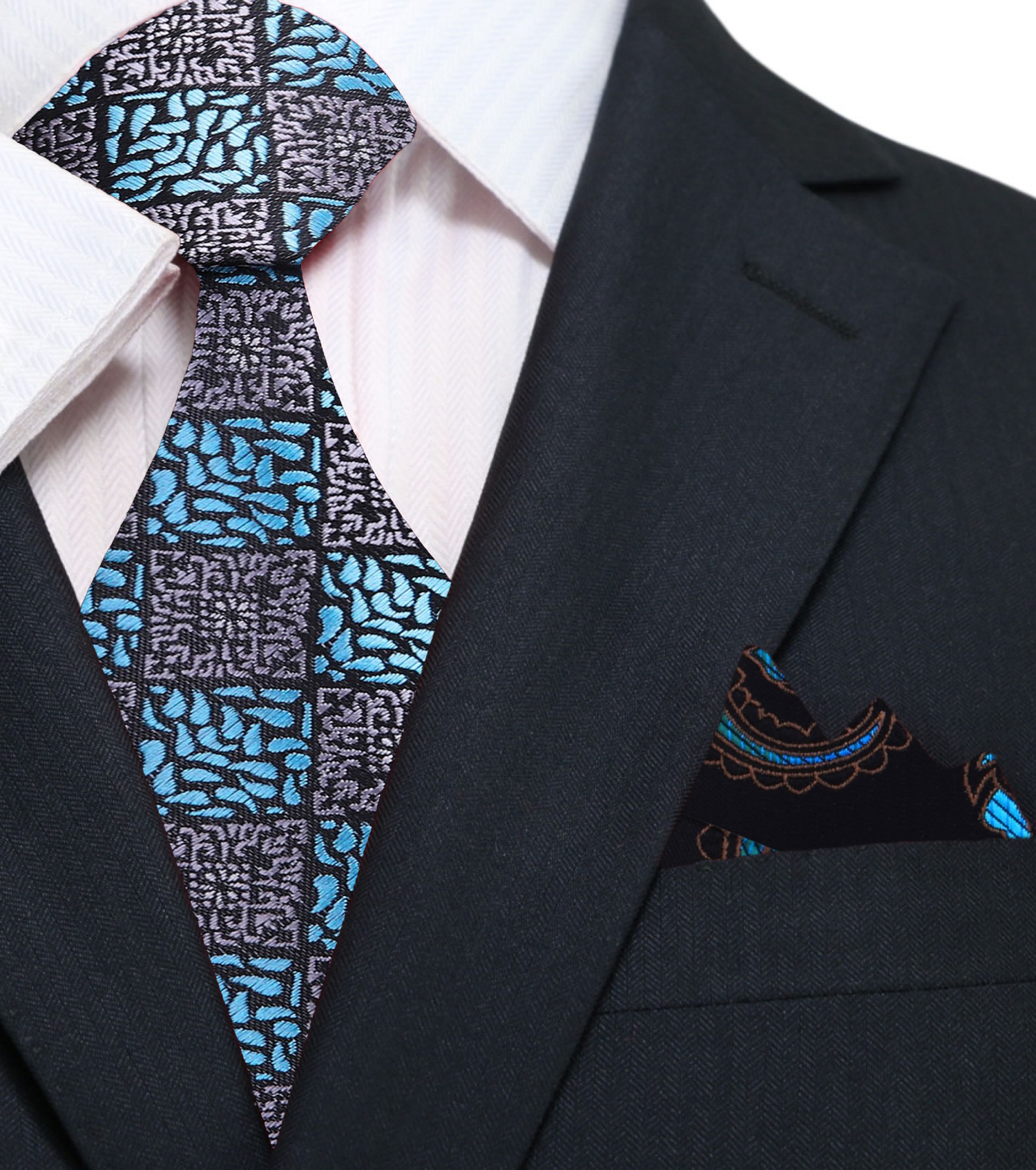 Grey, Light Blue Geometric Necktie and Black, Light Blue Paisley Square