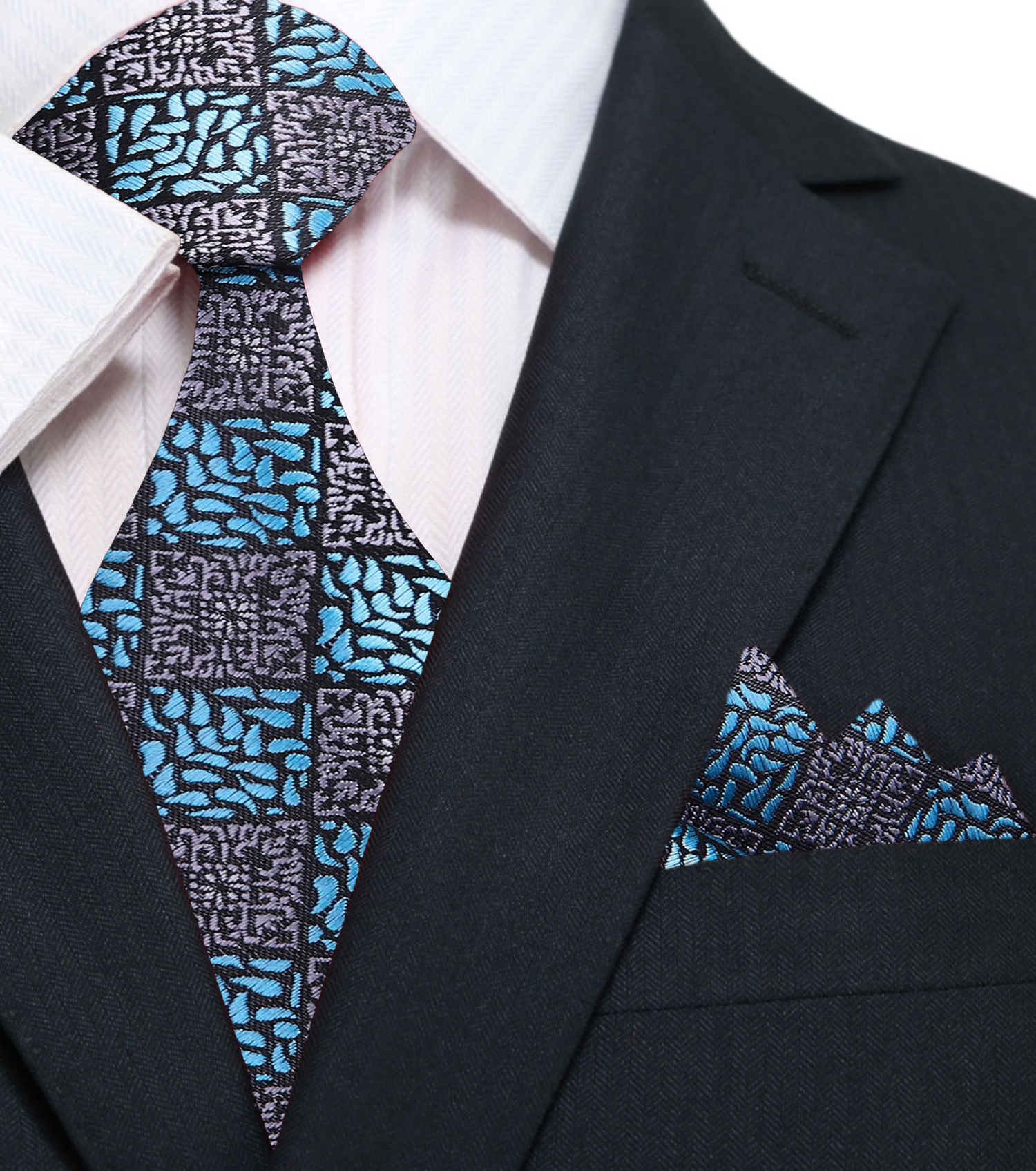 Grey, Light Blue Geometric Necktie and Square