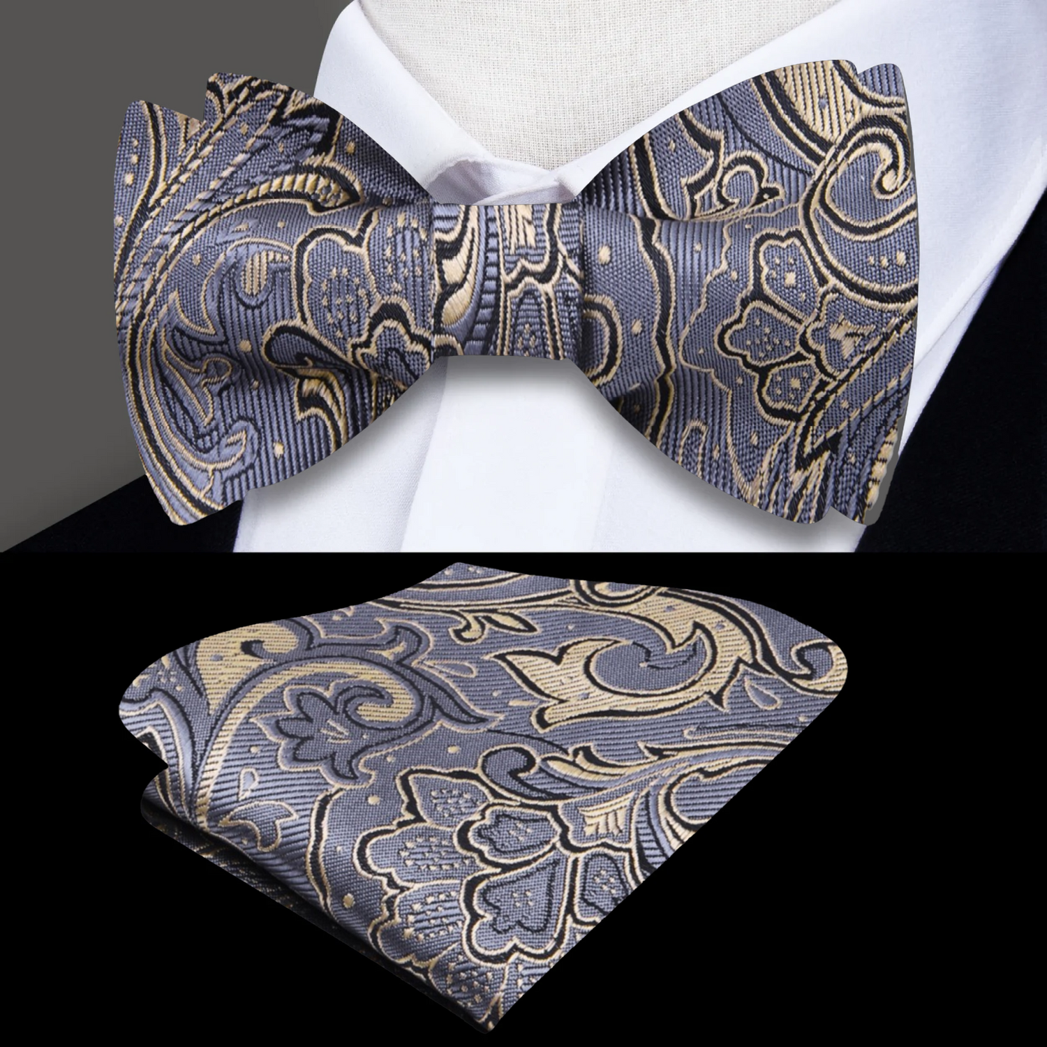 Grey Paisley Bow Tie and Square