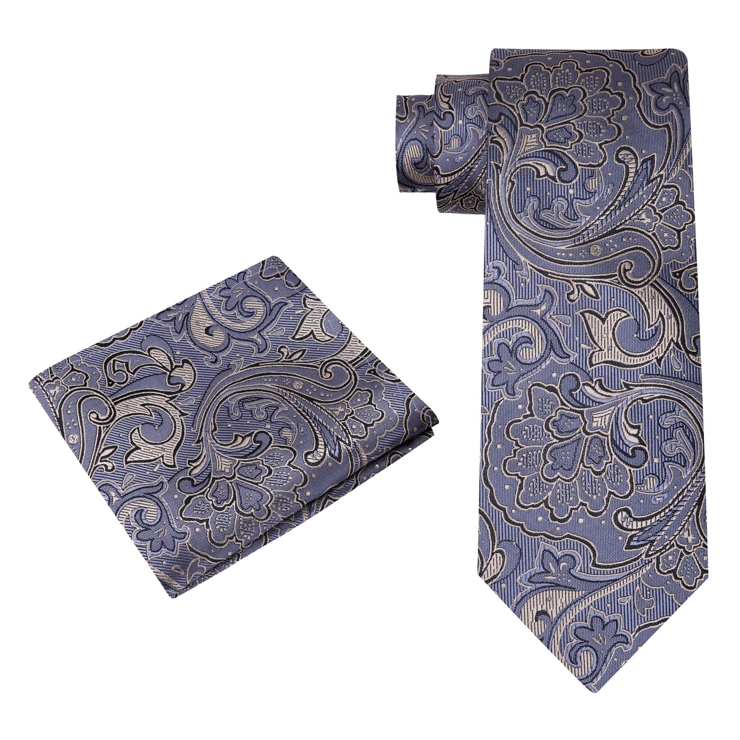 Alt View: A Dark Grey, Grey Abstract Paisley Pattern Silk Necktie and Matching Pocket Square