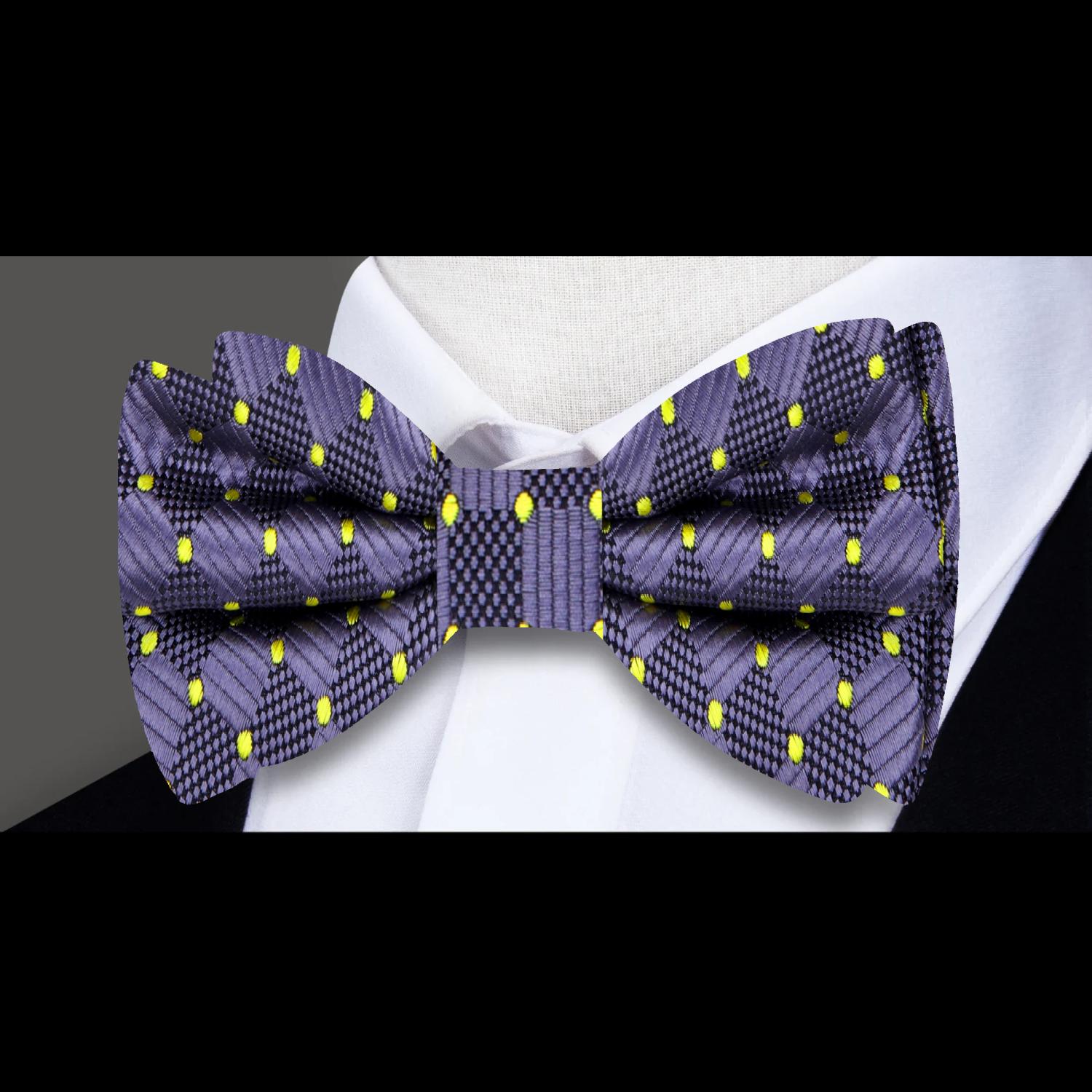 A Dark Grey, Yellow Geometric Dots Pattern Silk Pre Tied Bow Tie