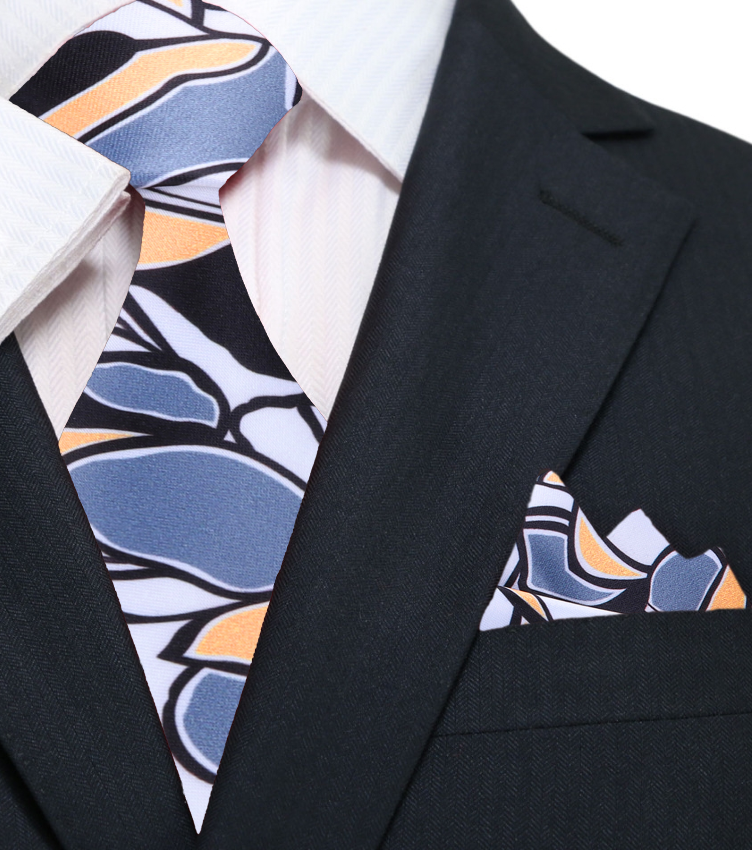 A Orange, Black, Grey Fleck Abstract Pattern Pattern Silk Necktie, Matching Pocket Square