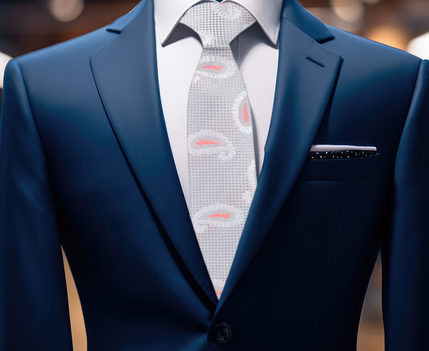 Blue Suit: Light Grey, Orange Paisley Necktie