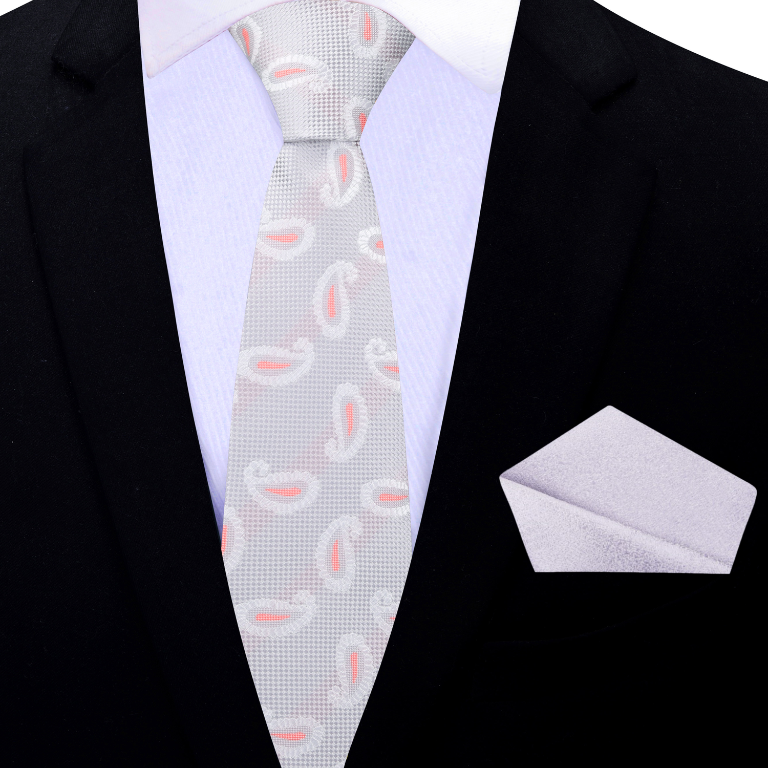 Thin Tie: Light Grey, Orange Paisley Necktie and Silver Square 