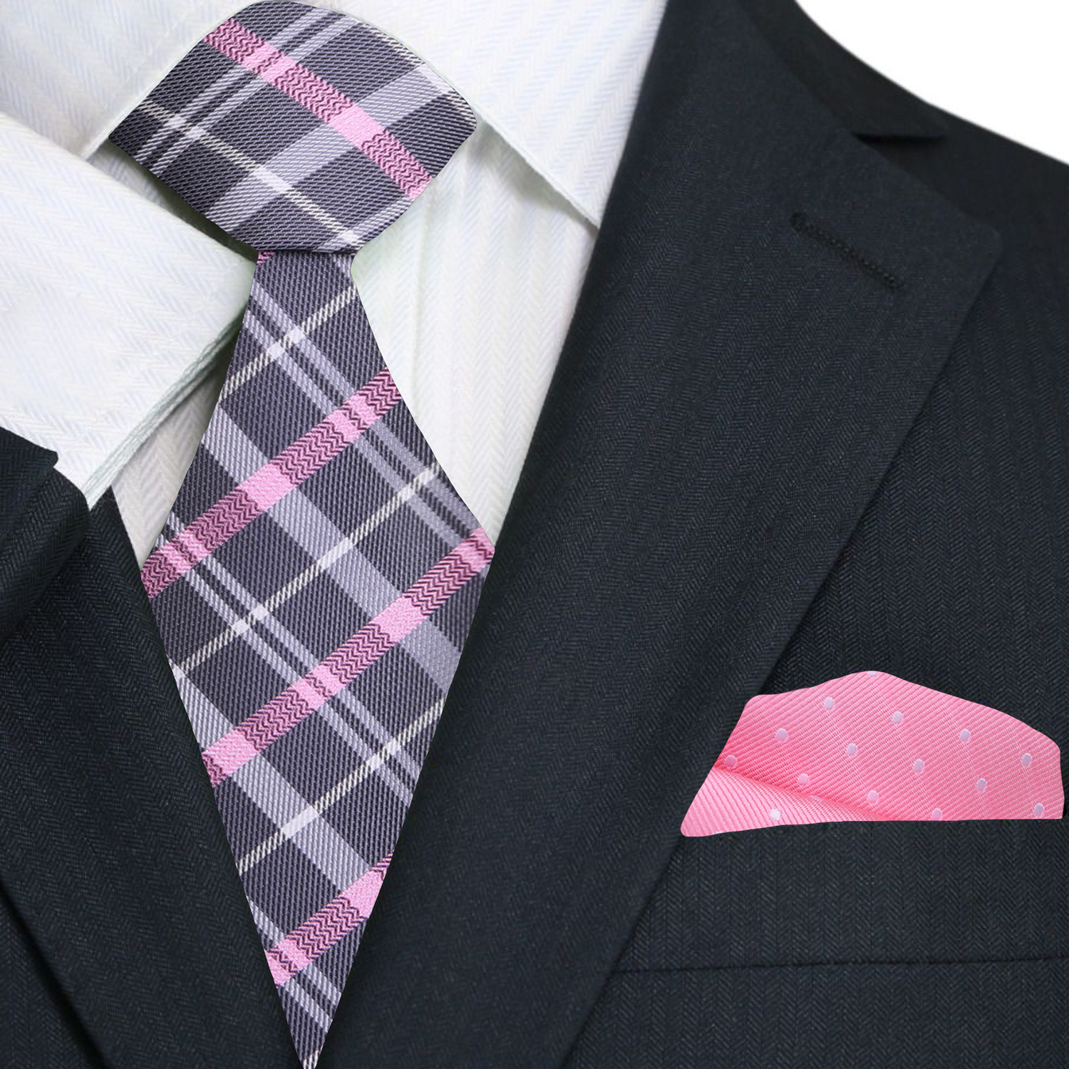 Black suit with a plaid tie and pink pocket square