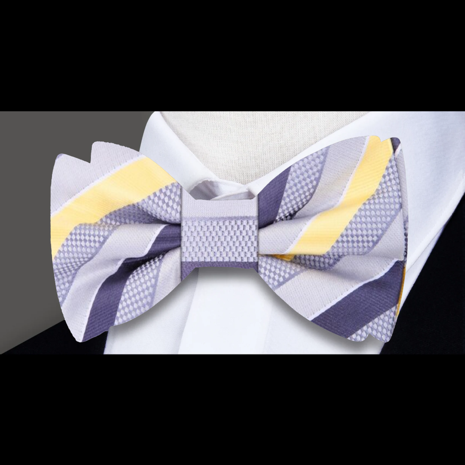 Light Grey, Silver, Orbit Purple, Light Yellow Stripe Bow Tie