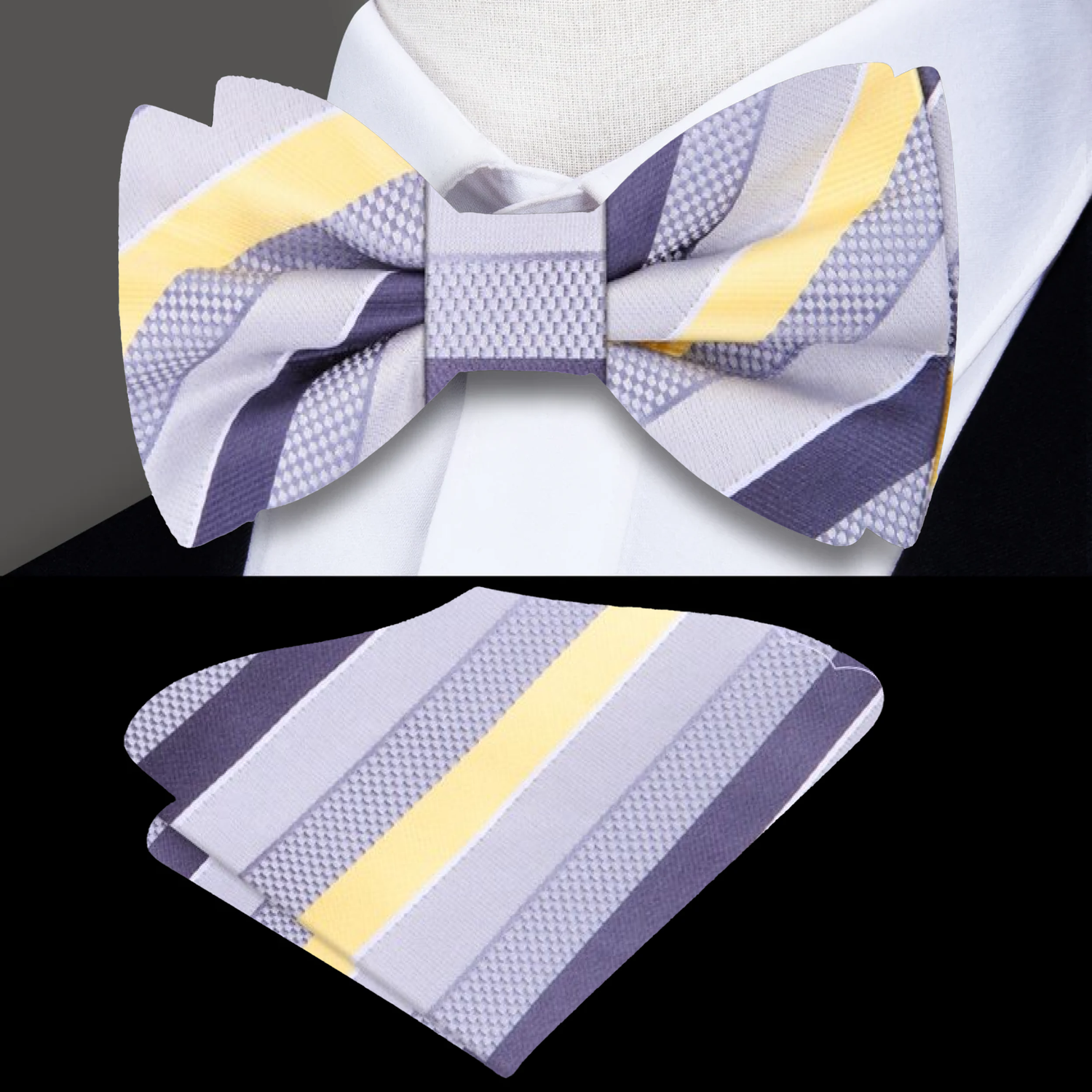 Light Grey, Silver, Orbit Purple, Light Yellow Stripe Bow Tie and Pocket Square||Yellow