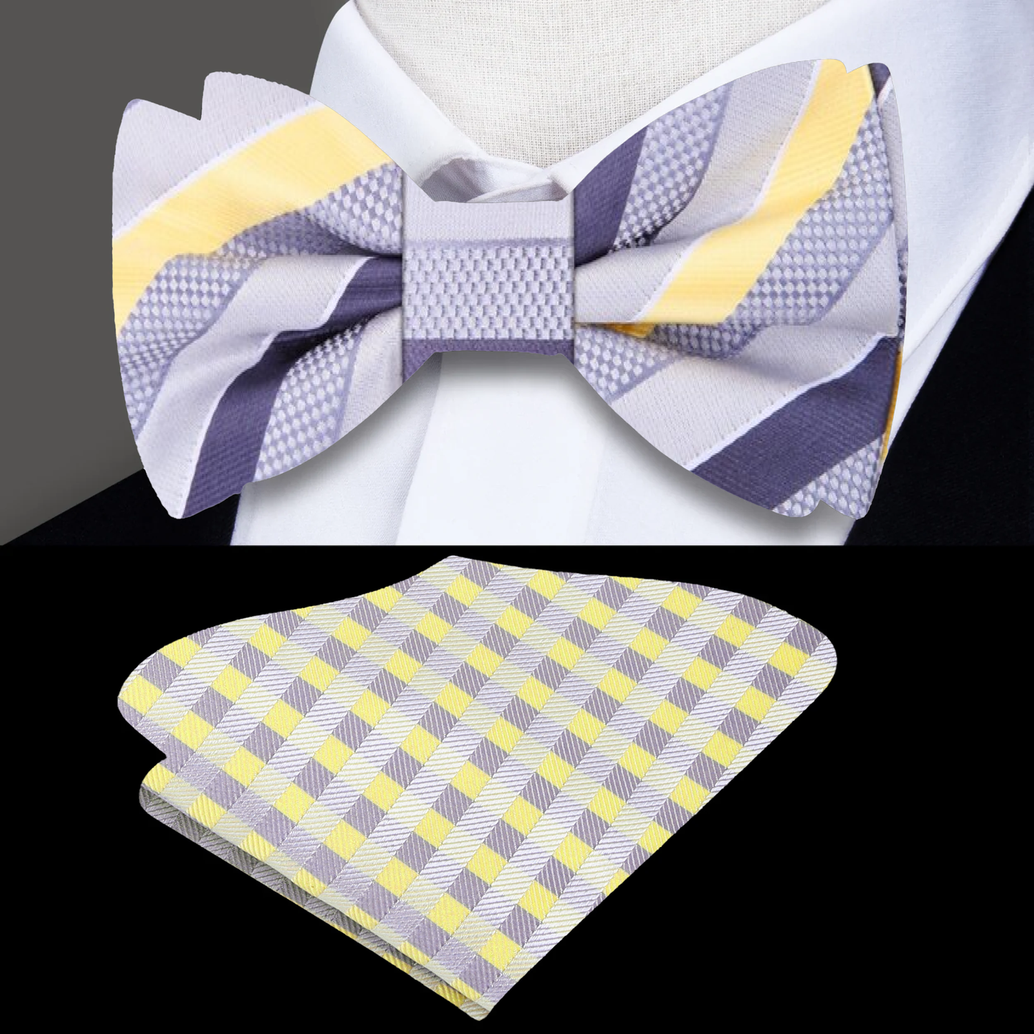 Light Grey, Silver, Orbit Purple, Light Yellow Stripe Bow Tie and Accenting Pocket Square||Yellow