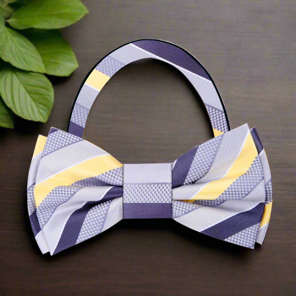 Light Grey, Silver, Orbit Purple, Light Yellow Stripe Bow Tie Pre Tied