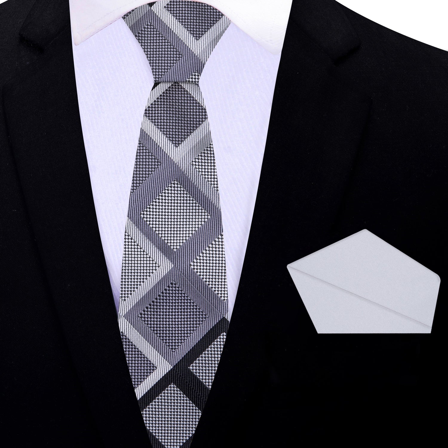 Thin Tie: Grey Black Geometric King Tut Diamonds Tie and Grey Square 