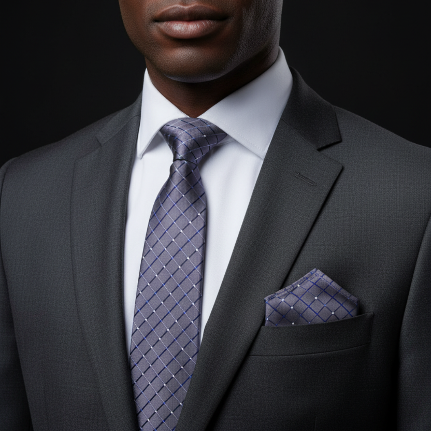 Man wearing a gray suit with a grey tie and pocket square on a black background