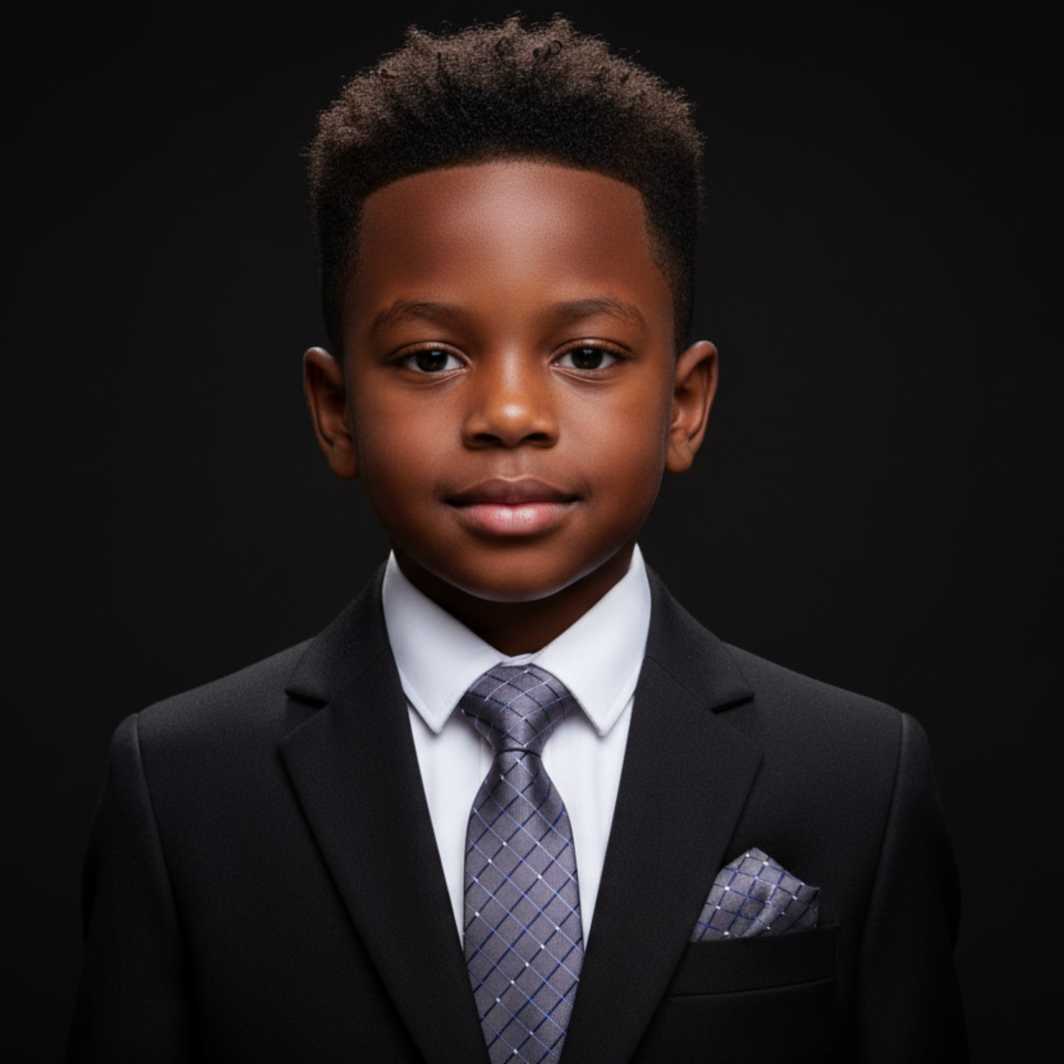 Young boy in a suit and tie against a black background