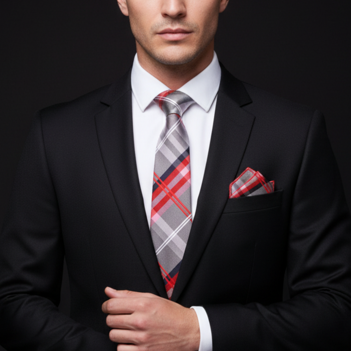 Man wearing a black suit with a plaid tie and red pocket square on a dark background